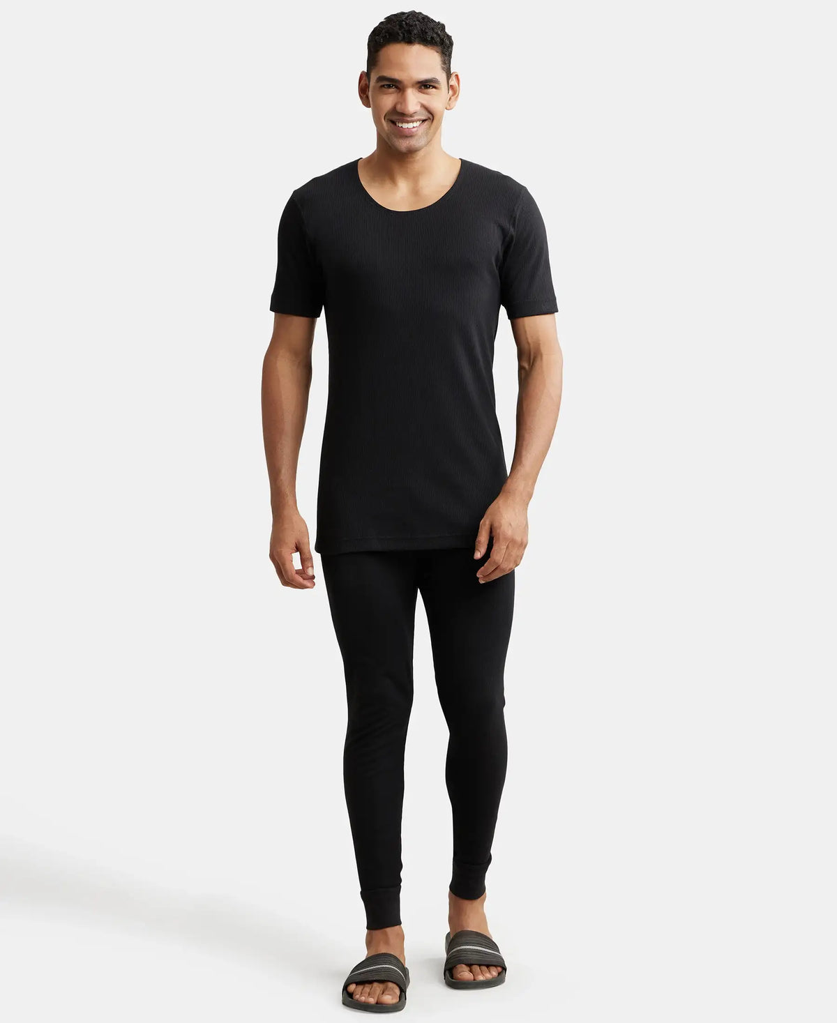 Extra Warmth Super Combed Cotton Rich Half Sleeved Thermal Undershirt with StayWarm Technology - Black