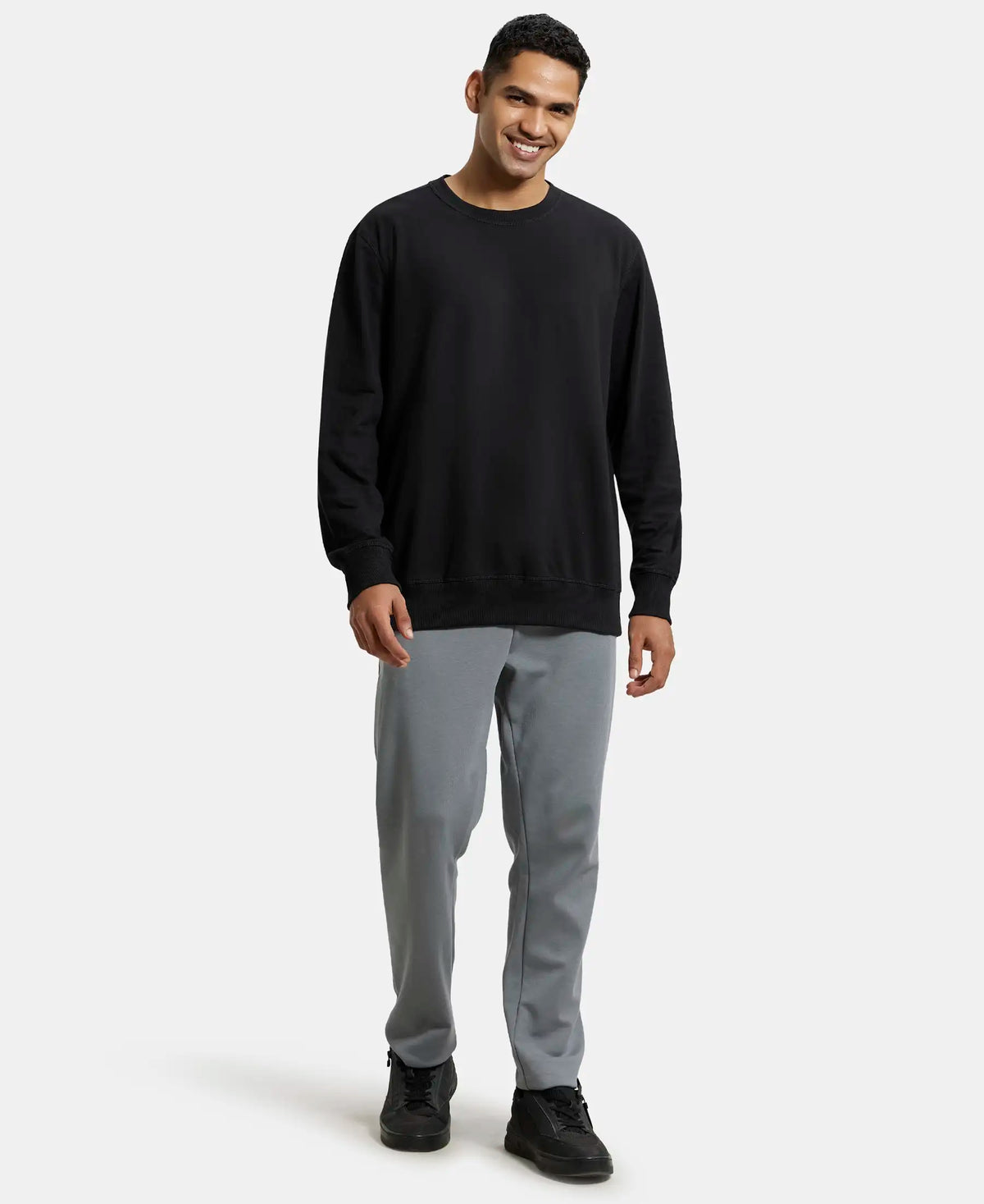 Super Combed Cotton French Terry Solid Sweatshirt with Ribbed Cuffs - Black