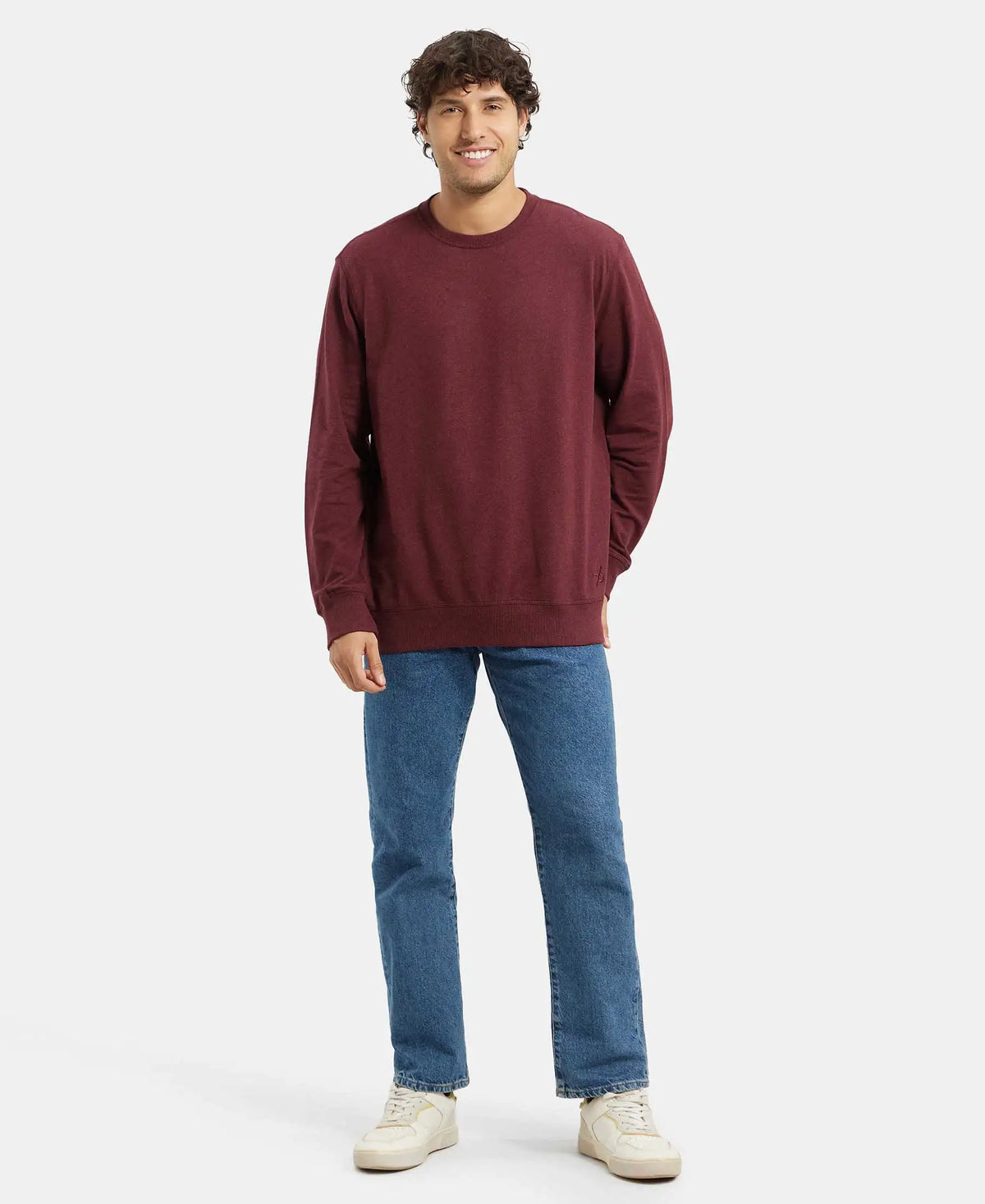 Super Combed Cotton French Terry Solid Sweatshirt with Ribbed Cuffs - Burgundy
