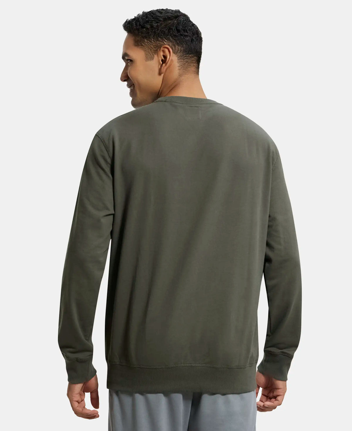 Super Combed Cotton French Terry Solid Sweatshirt with Ribbed Cuffs - Deep Olive