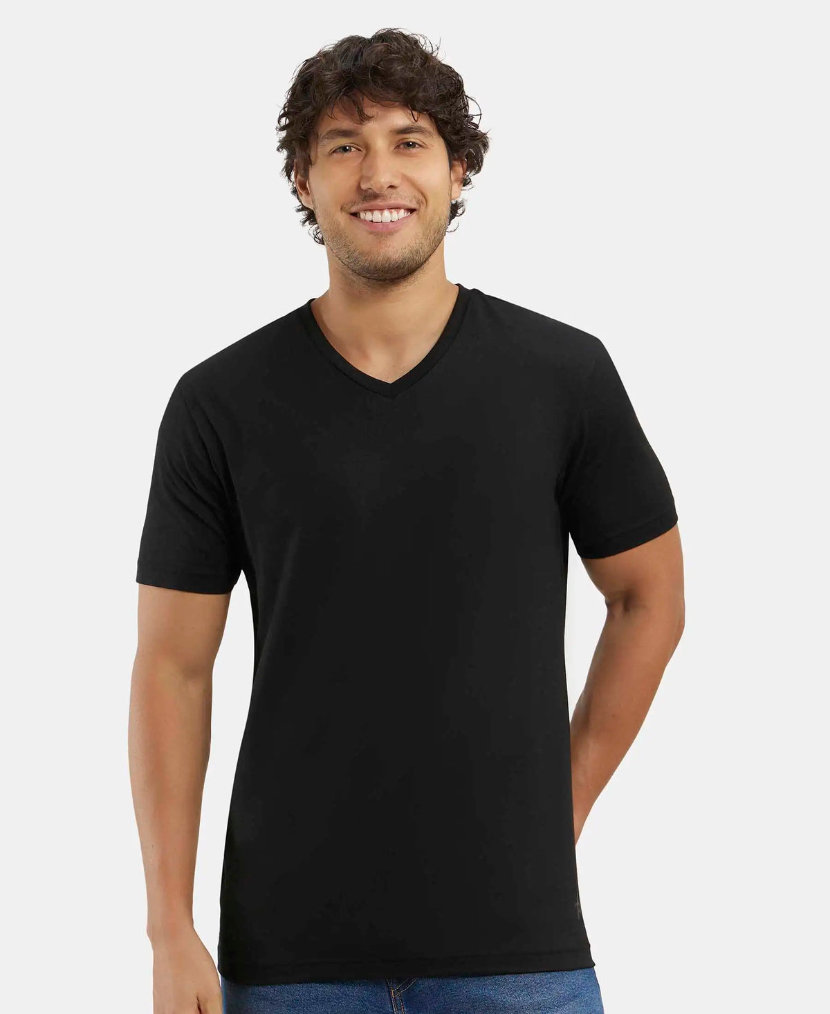 Super Combed Cotton Rich Solid V Neck Half Sleeve T-Shirt - Black