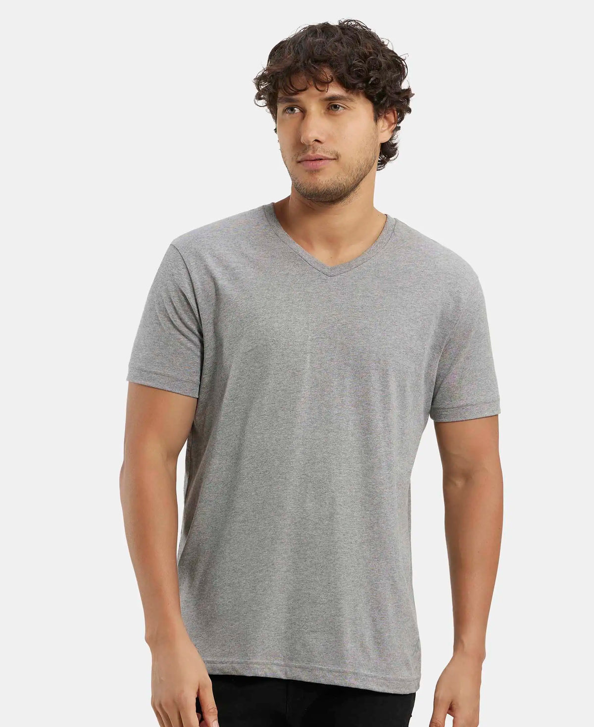 Super Combed Cotton Rich Solid V Neck Half Sleeve T-Shirt - Grey Melange