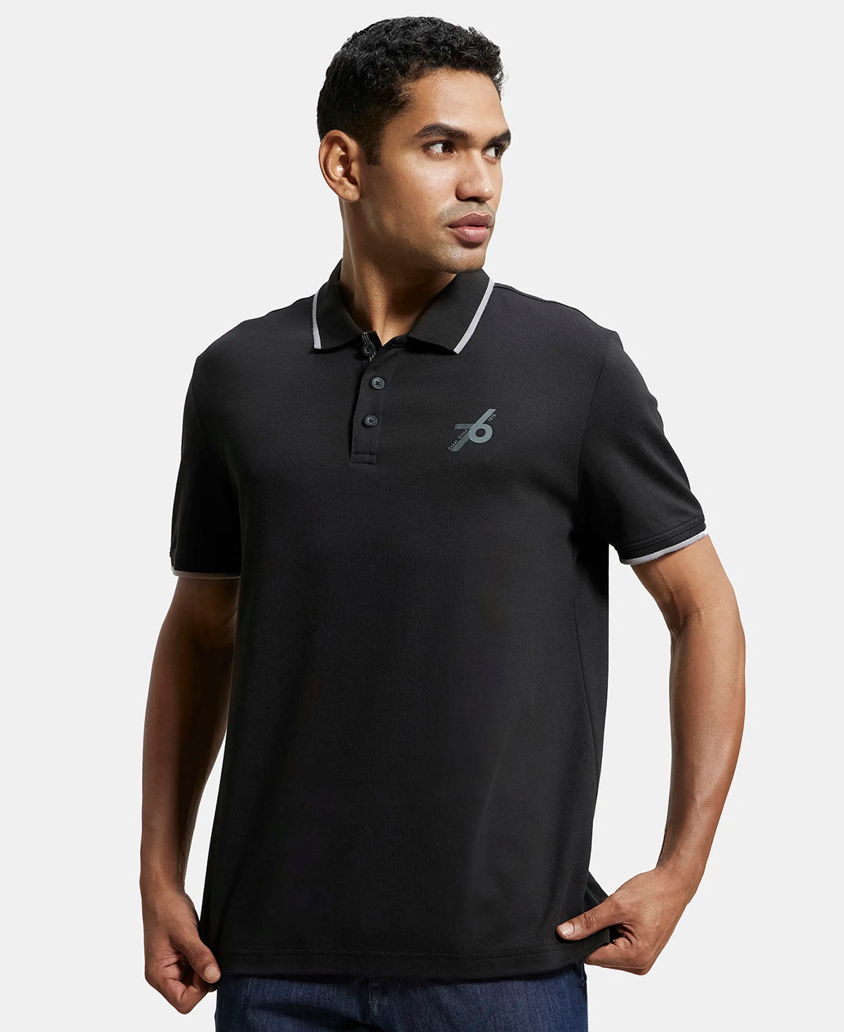Super Combed Cotton Rich Solid Half Sleeve Polo T-Shirt - Black