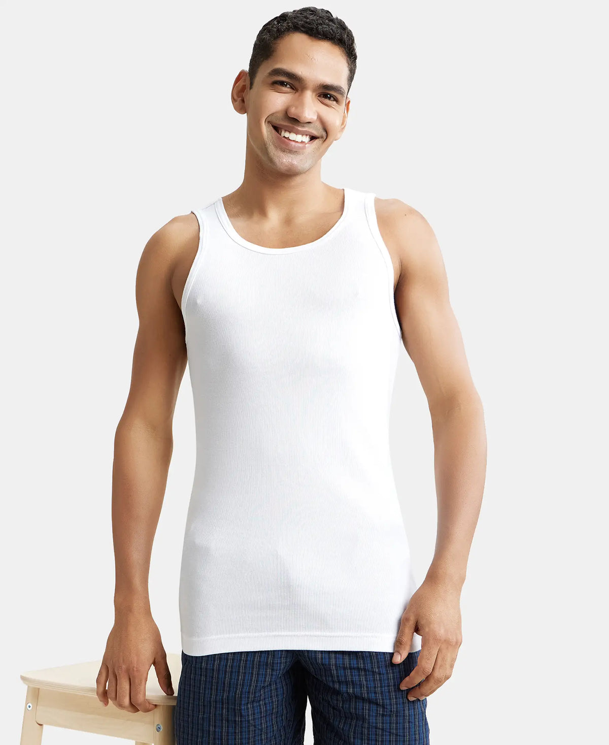 Super Combed Cotton Rib Round Neck Sleeveless Vest with StayFresh Properties - White