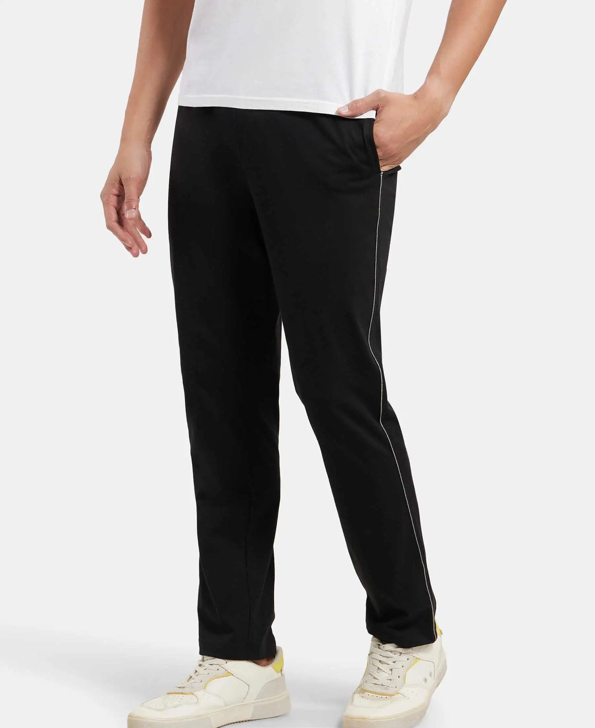 Super Combed Cotton Rich Regular Fit Trackpant with Side Pockets - Black & Grey Melange