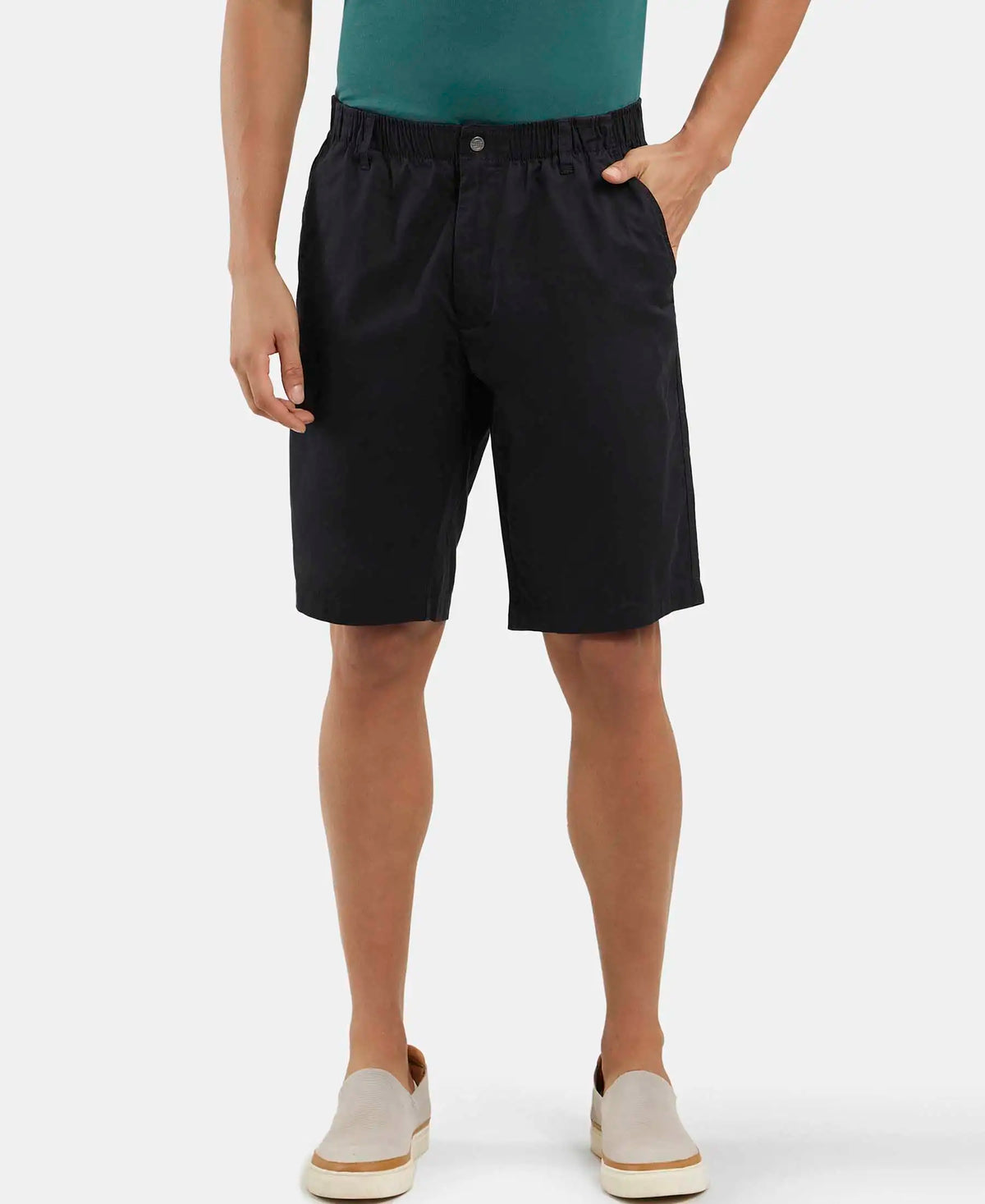 Super Combed Mercerised Cotton Woven Straight Fit Shorts with Side Pockets - Black