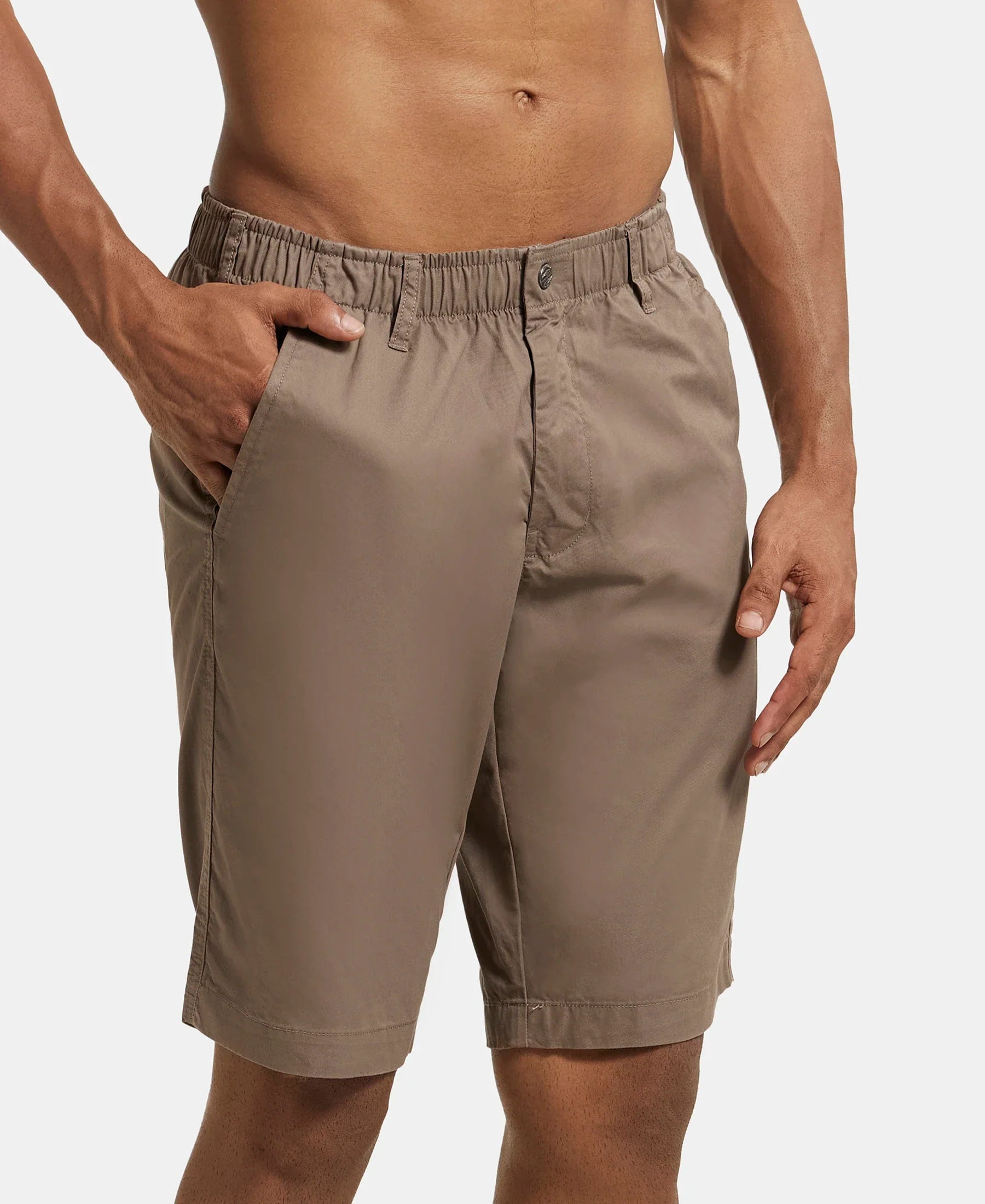 Super Combed Mercerised Cotton Woven Straight Fit Shorts with Side Pockets - Dark Khaki