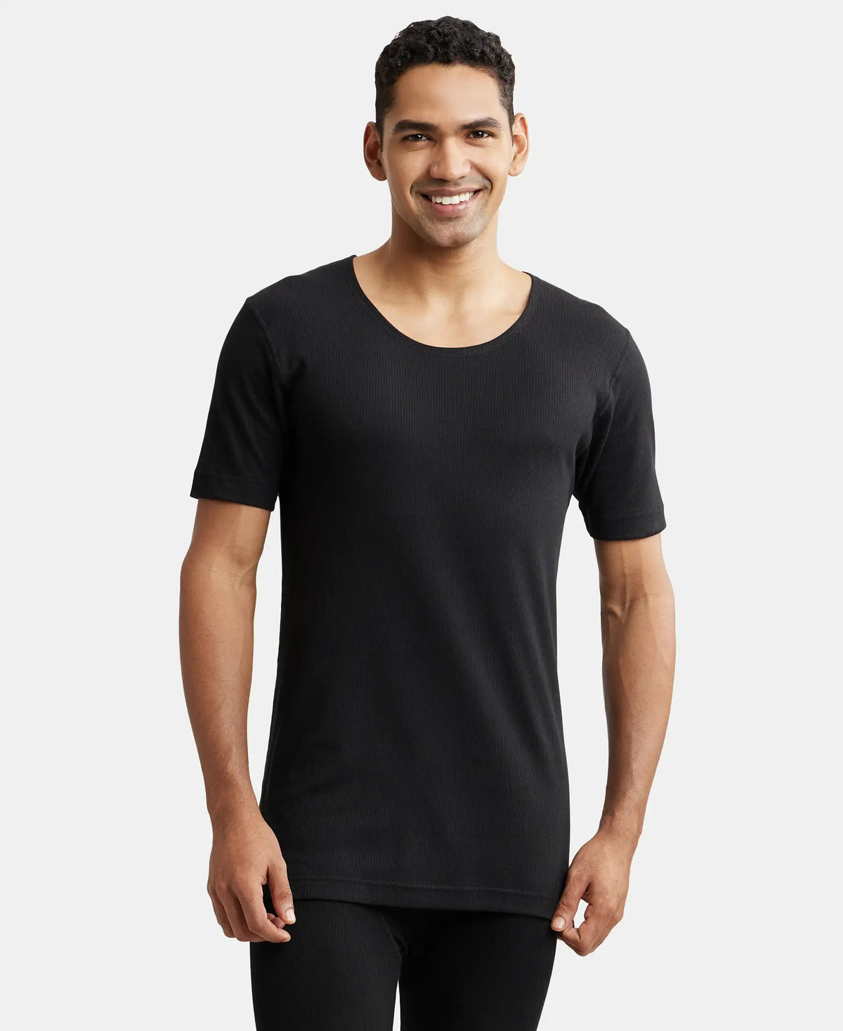 Extra Warmth Super Combed Cotton Rich Half Sleeved Thermal Undershirt with StayWarm Technology - Black