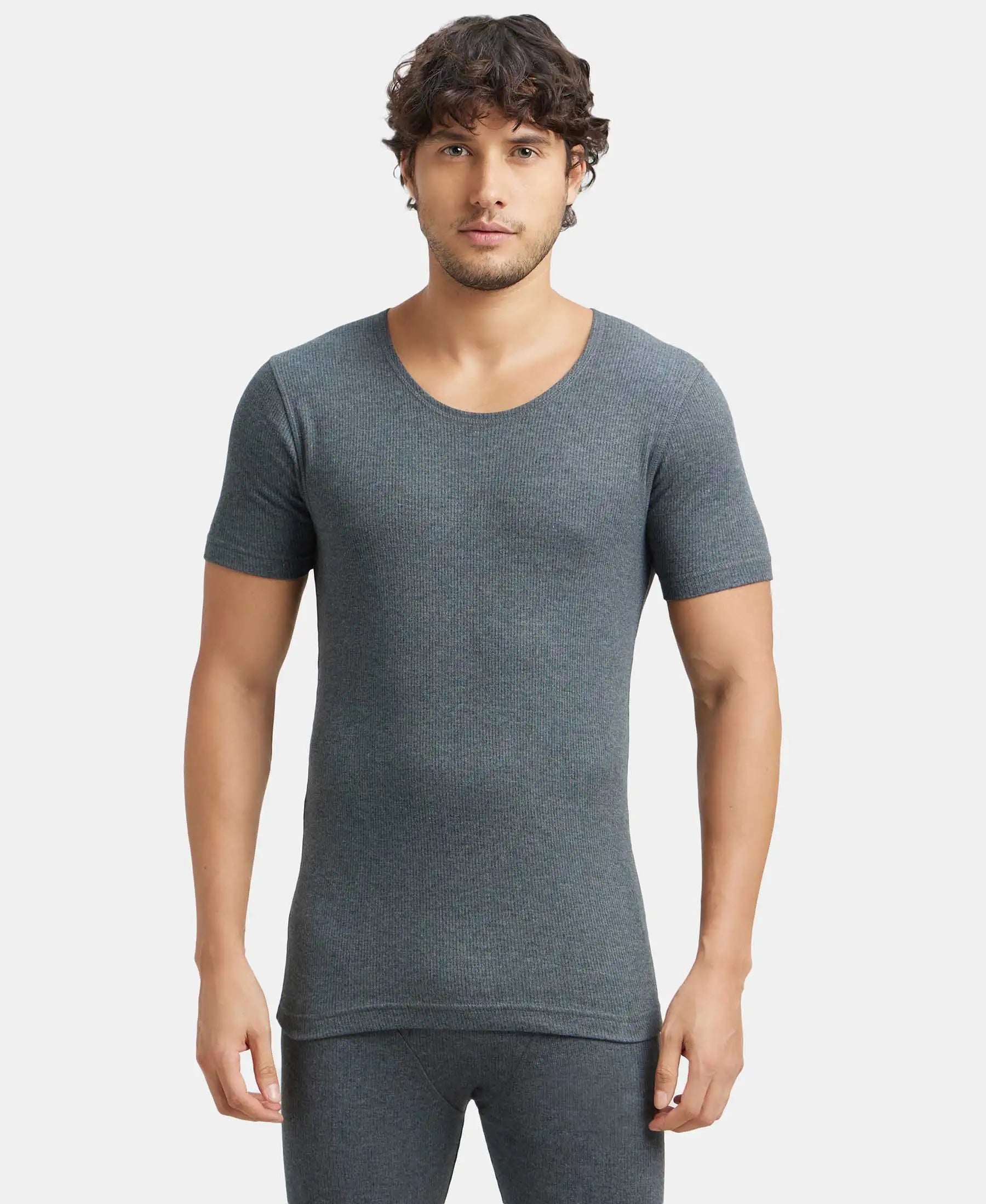 Extra Warmth Super Combed Cotton Rich Half Sleeved Thermal Undershirt with StayWarm Technology - Charcoal Melange