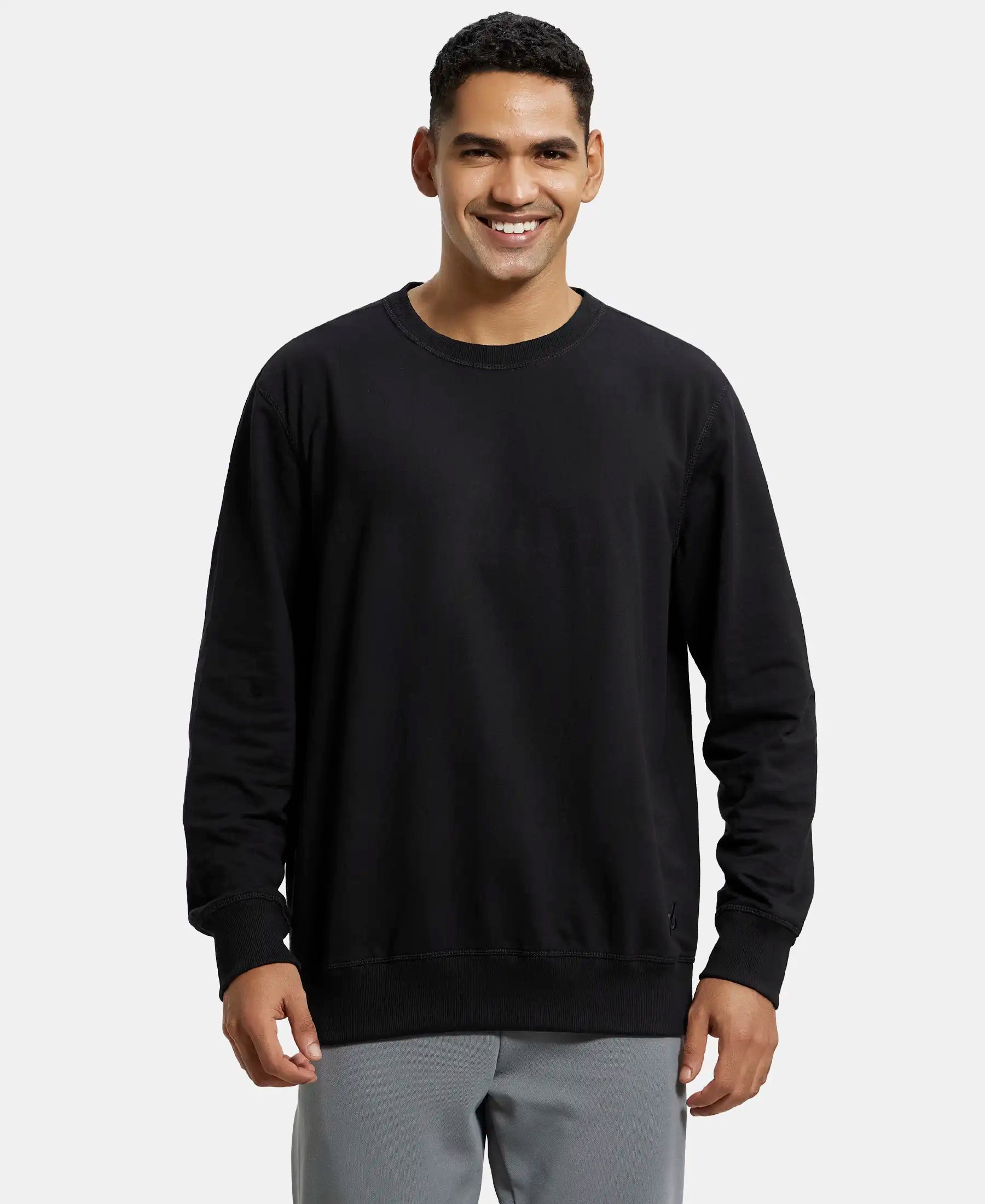 Super Combed Cotton French Terry Solid Sweatshirt with Ribbed Cuffs - Black