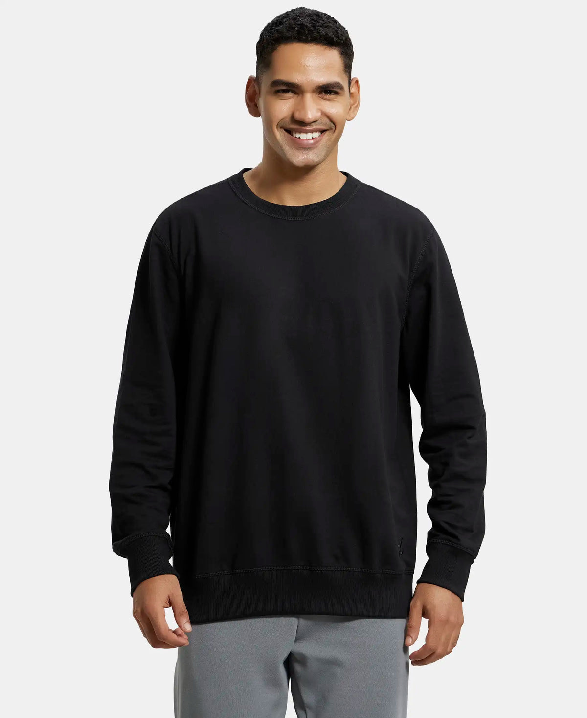 Super Combed Cotton French Terry Solid Sweatshirt with Ribbed Cuffs - Black