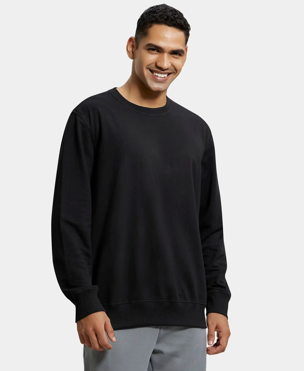 Super Combed Cotton French Terry Solid Sweatshirt with Ribbed Cuffs - Black
