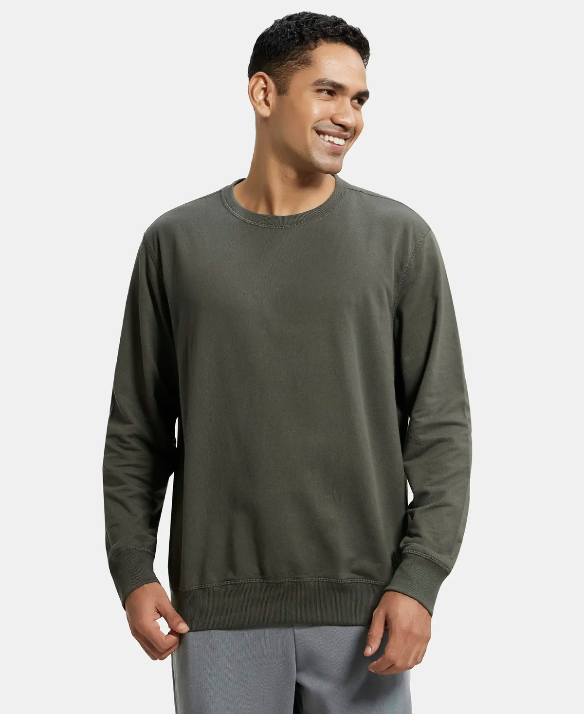 Super Combed Cotton French Terry Solid Sweatshirt with Ribbed Cuffs - Deep Olive