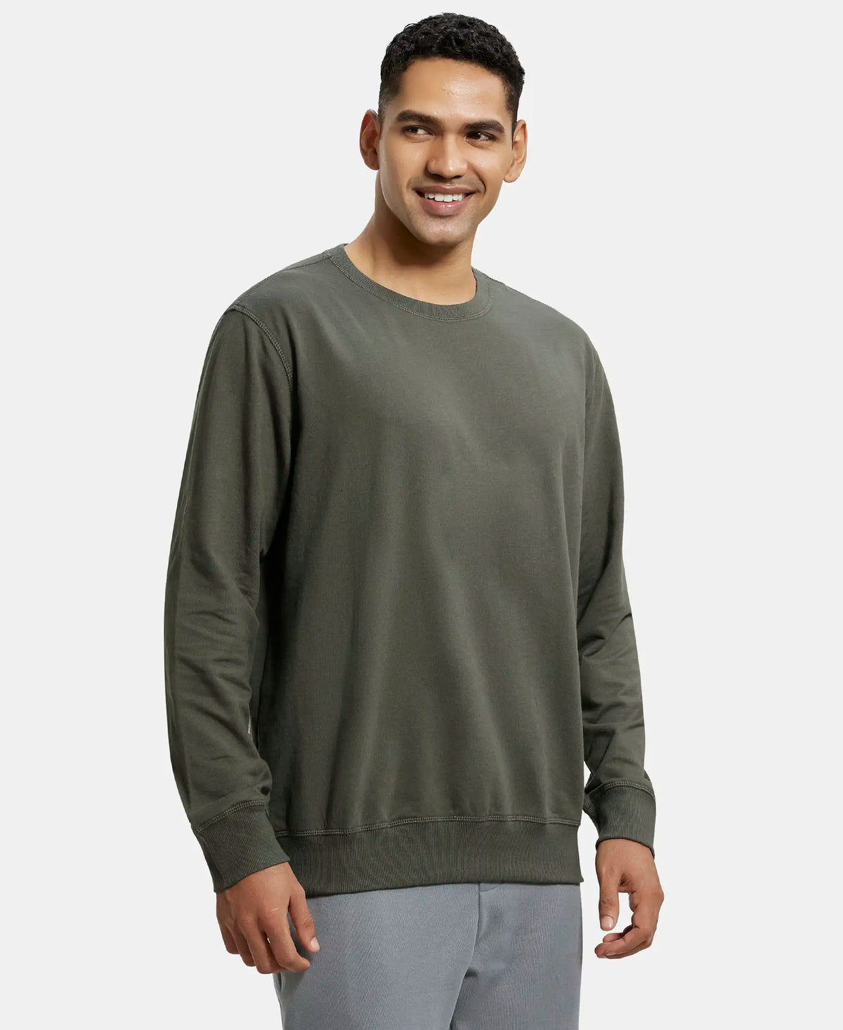 Super Combed Cotton French Terry Solid Sweatshirt with Ribbed Cuffs - Deep Olive