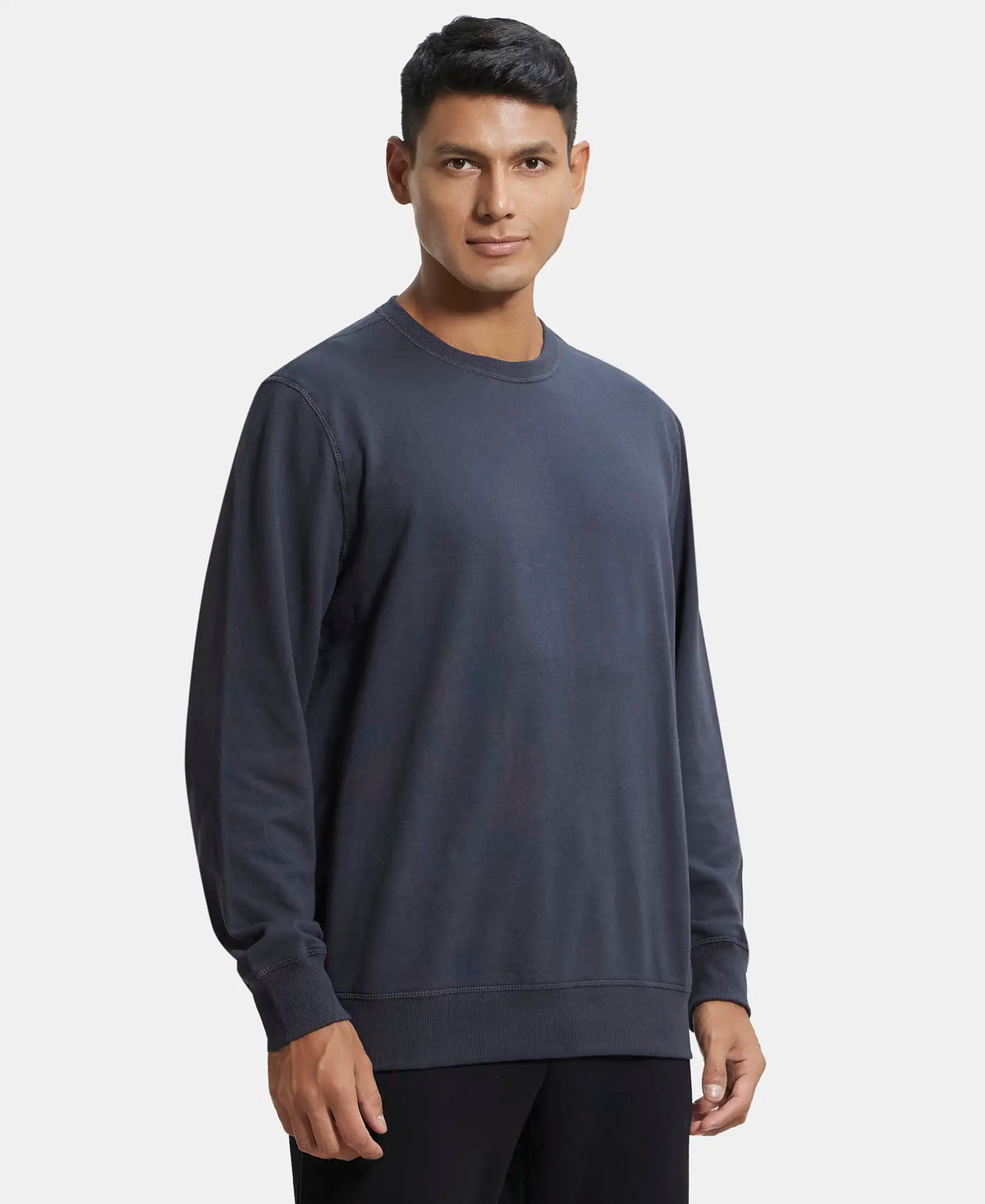Super Combed Cotton French Terry Solid Sweatshirt with Ribbed Cuffs - Graphite