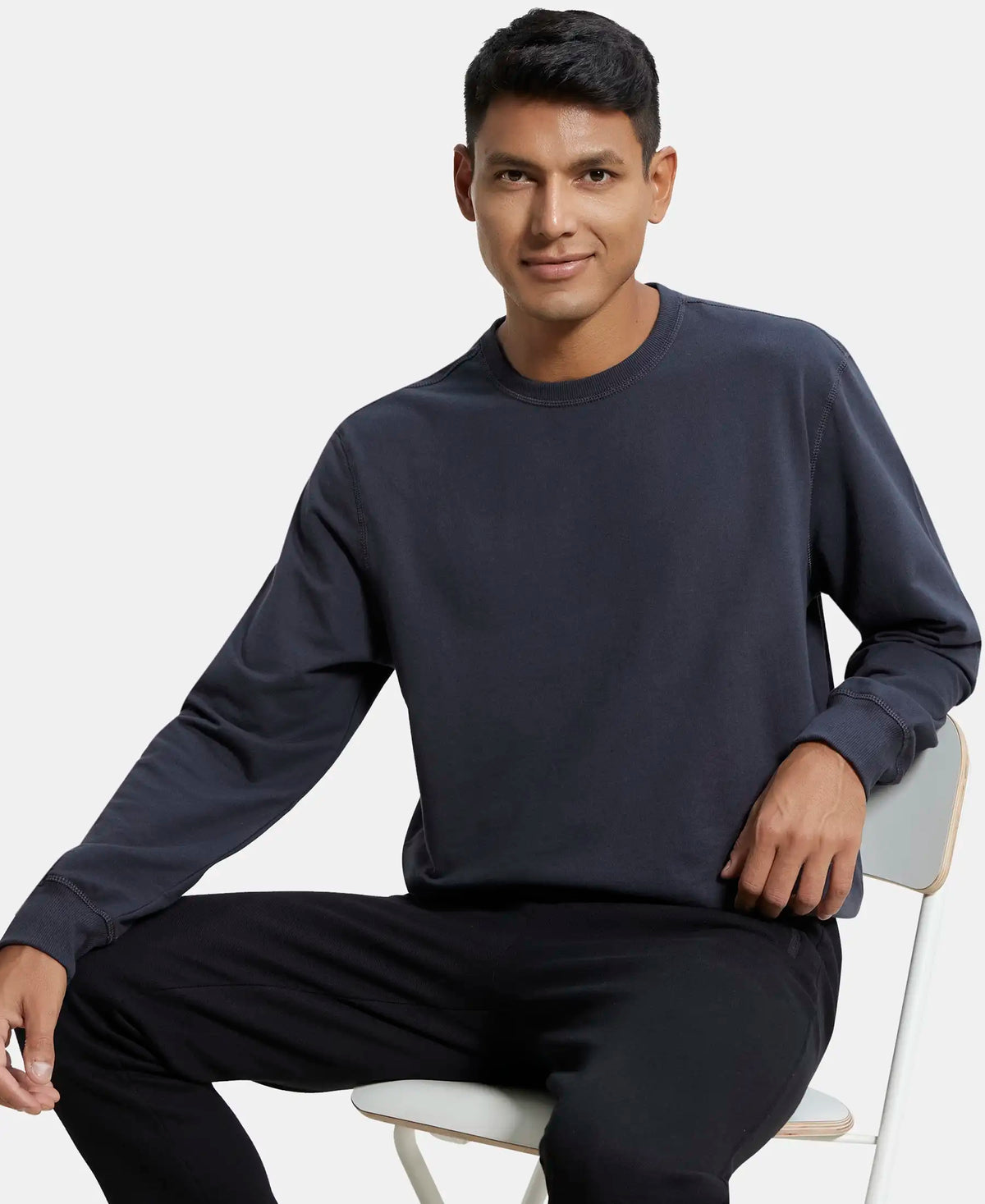 Super Combed Cotton French Terry Solid Sweatshirt with Ribbed Cuffs - Graphite
