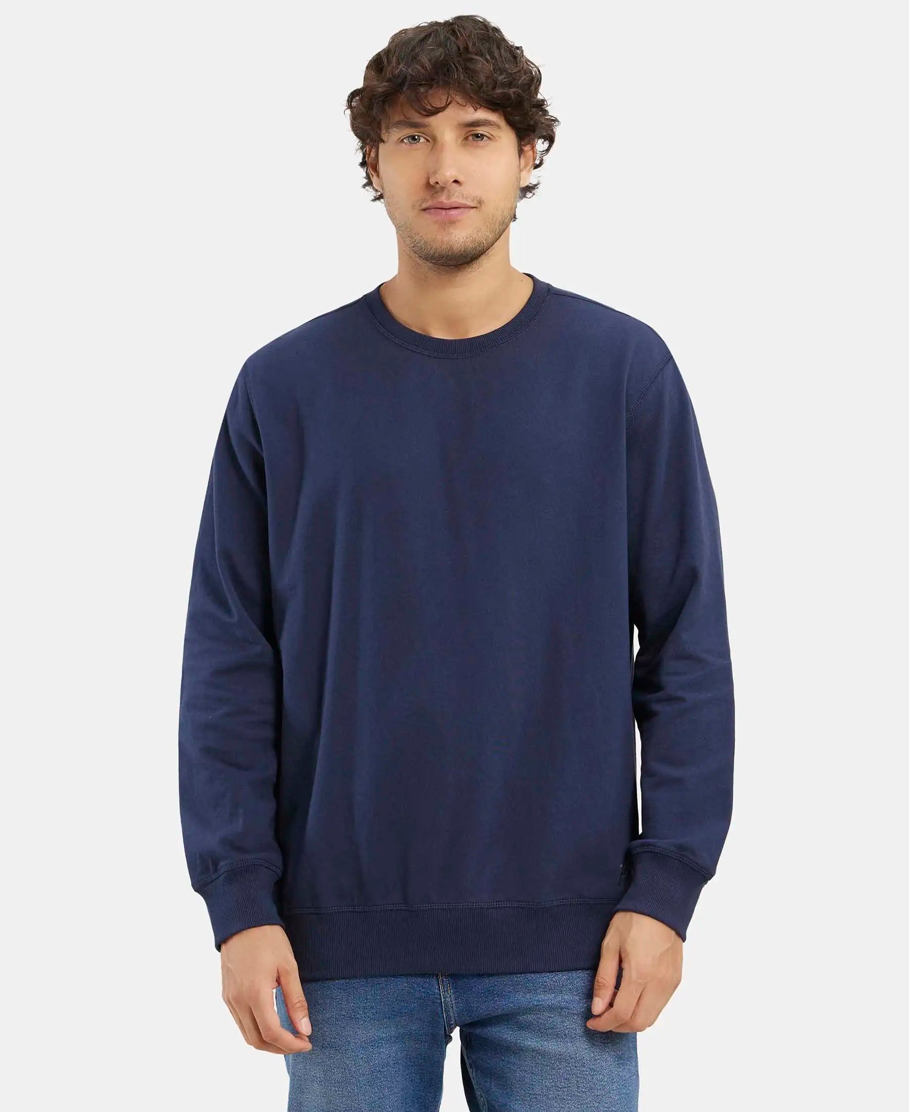 Super Combed Cotton French Terry Solid Sweatshirt with Ribbed Cuffs - Navy
