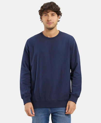 Super Combed Cotton French Terry Solid Sweatshirt with Ribbed Cuffs - Navy