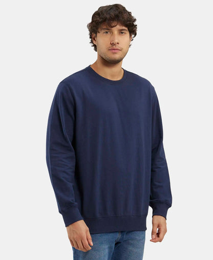 Super Combed Cotton French Terry Solid Sweatshirt with Ribbed Cuffs - Navy
