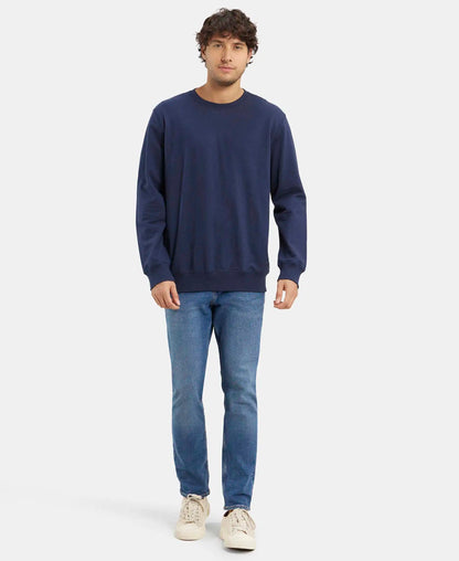 Super Combed Cotton French Terry Solid Sweatshirt with Ribbed Cuffs - Navy