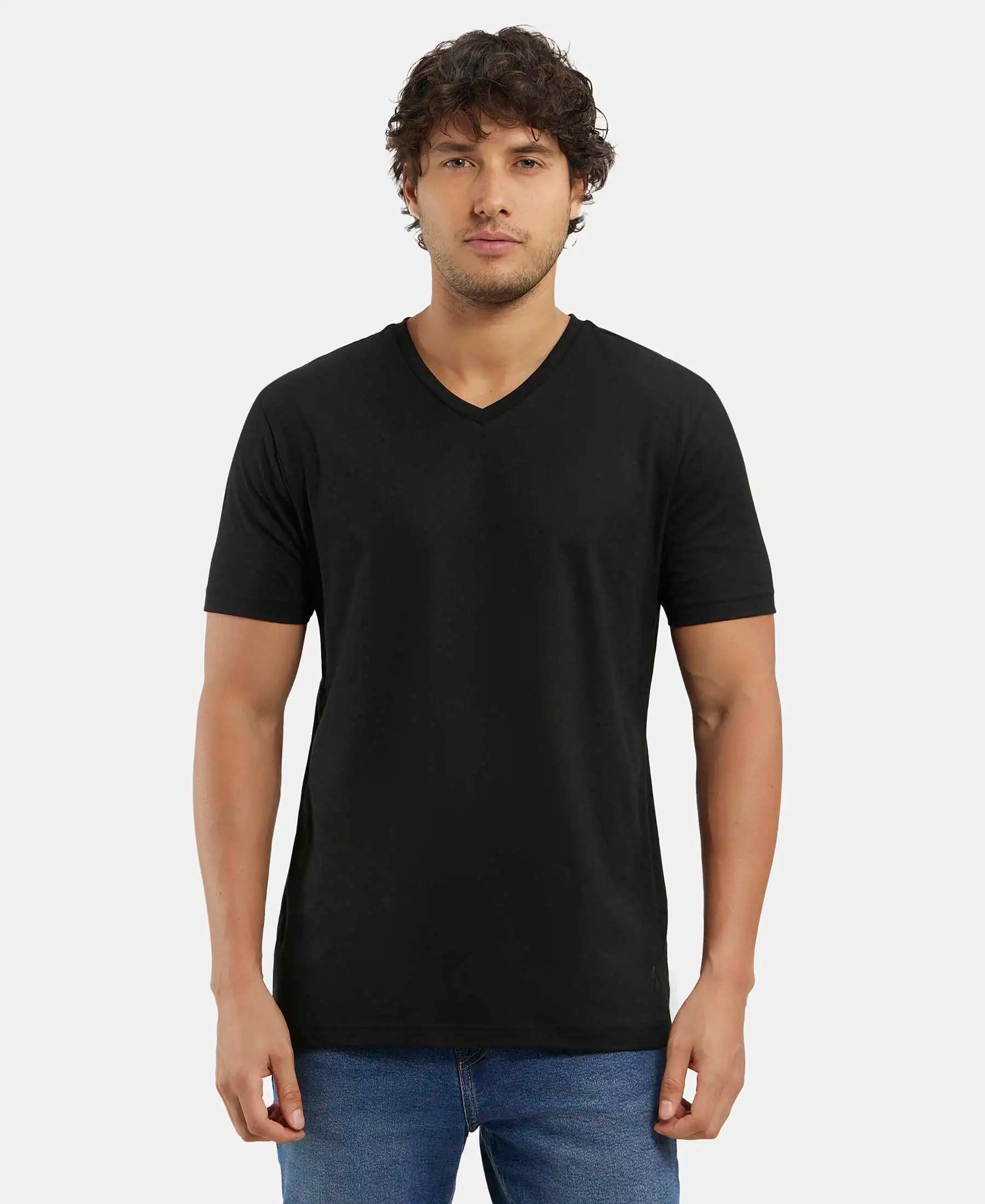 Super Combed Cotton Rich Solid V Neck Half Sleeve T-Shirt  - Black