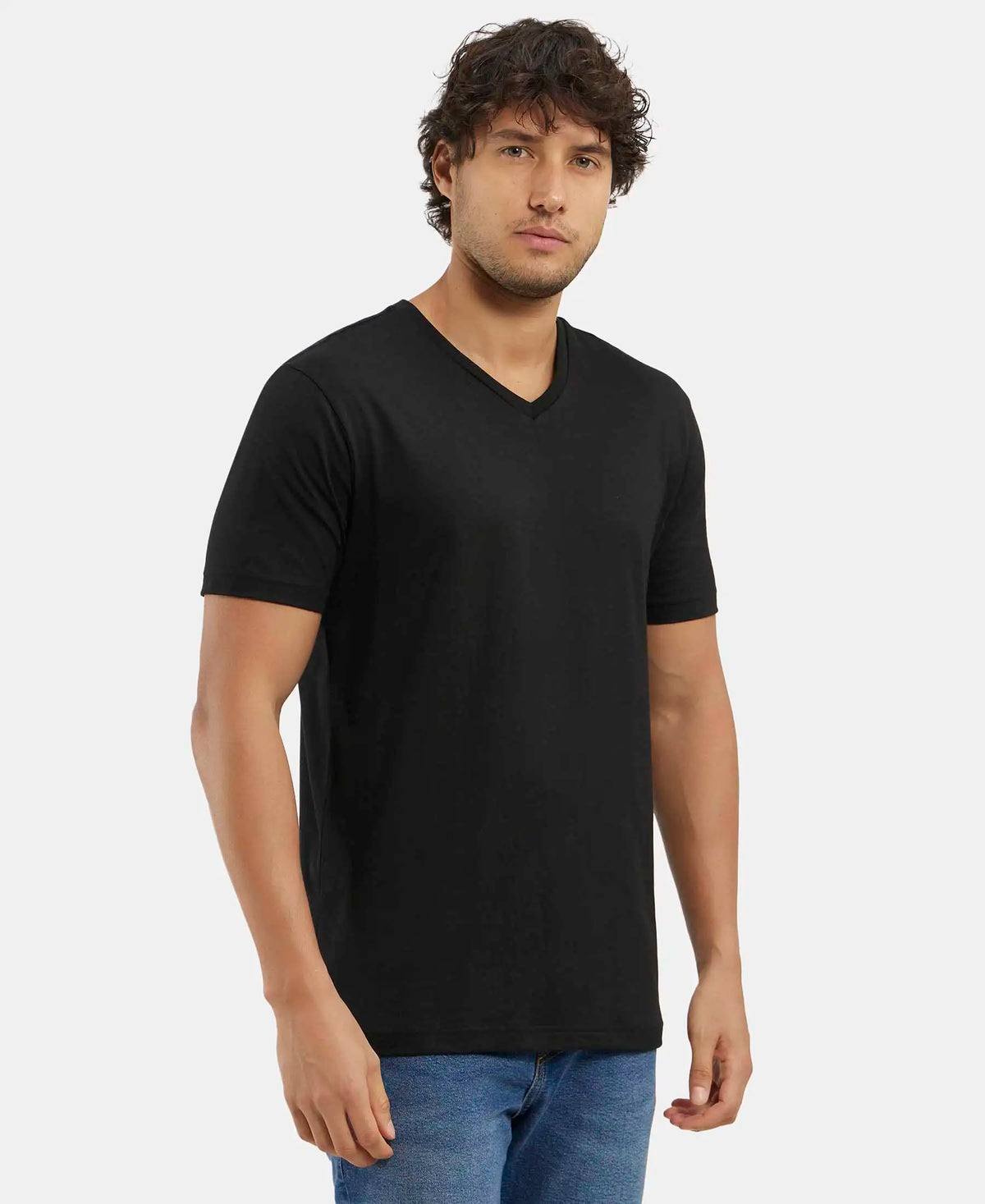 Super Combed Cotton Rich Solid V Neck Half Sleeve T-Shirt  - Black