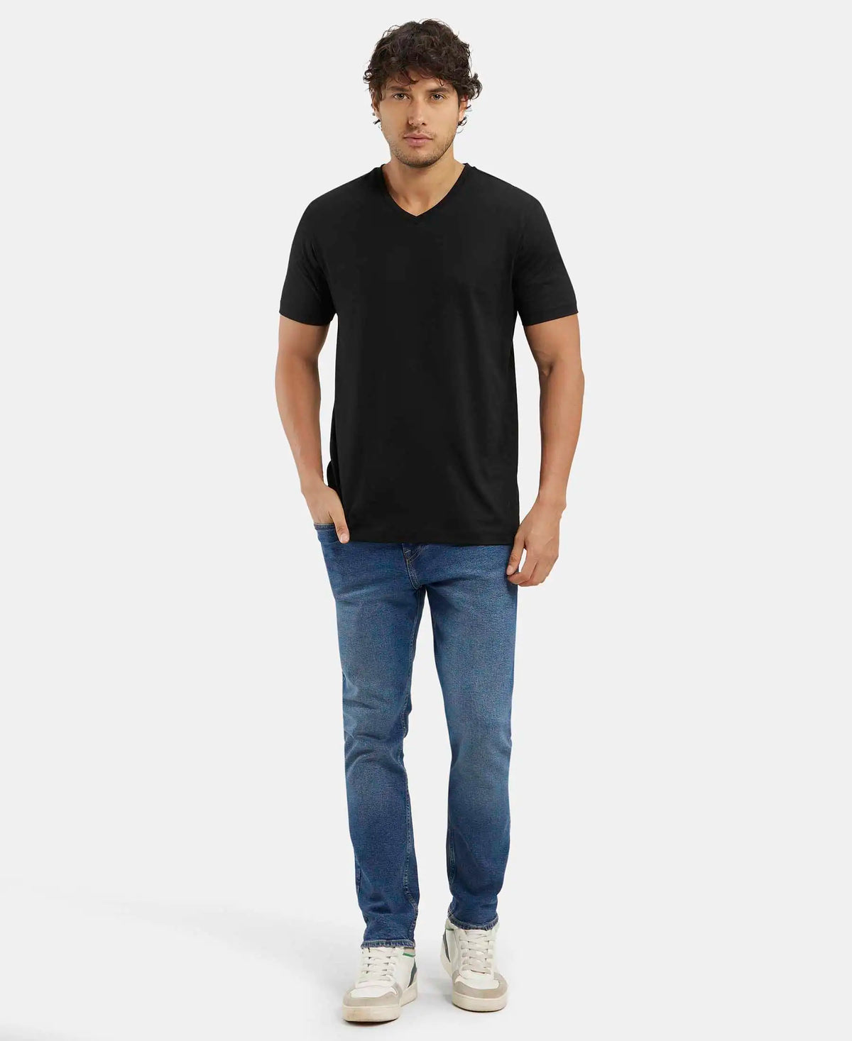 Super Combed Cotton Rich Solid V Neck Half Sleeve T-Shirt  - Black