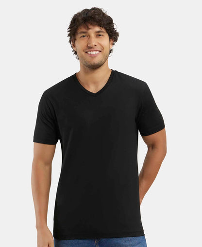 Super Combed Cotton Rich Solid V Neck Half Sleeve T-Shirt  - Black
