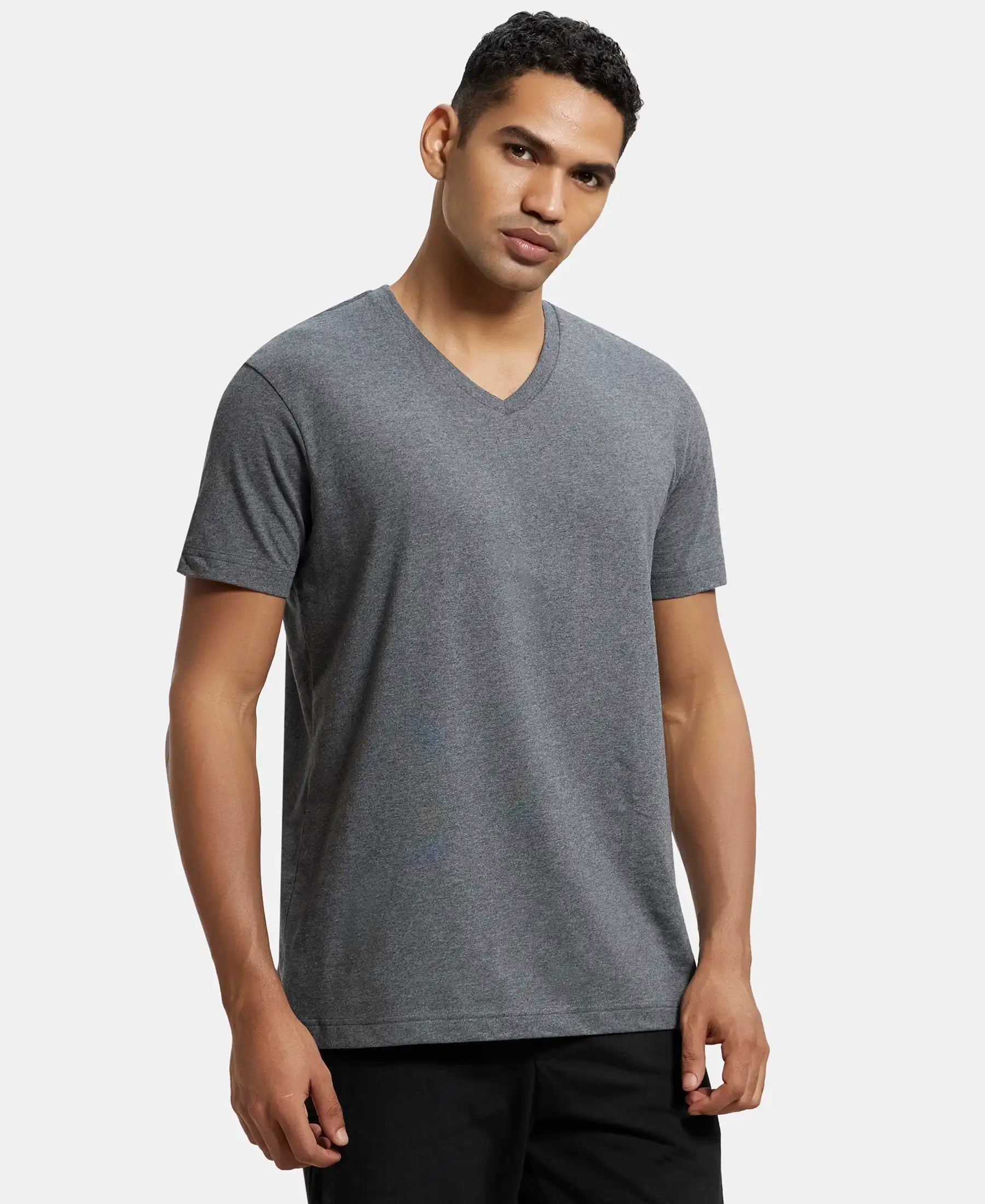 Super Combed Cotton Rich Solid V Neck Half Sleeve T-Shirt  - Charcoal Melange
