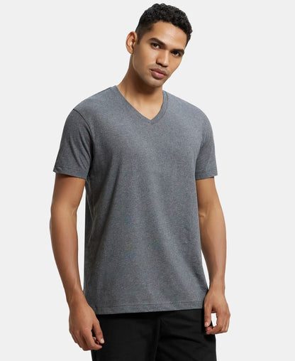 Super Combed Cotton Rich Solid V Neck Half Sleeve T-Shirt  - Charcoal Melange
