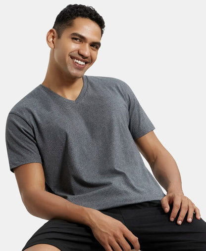 Super Combed Cotton Rich Solid V Neck Half Sleeve T-Shirt  - Charcoal Melange