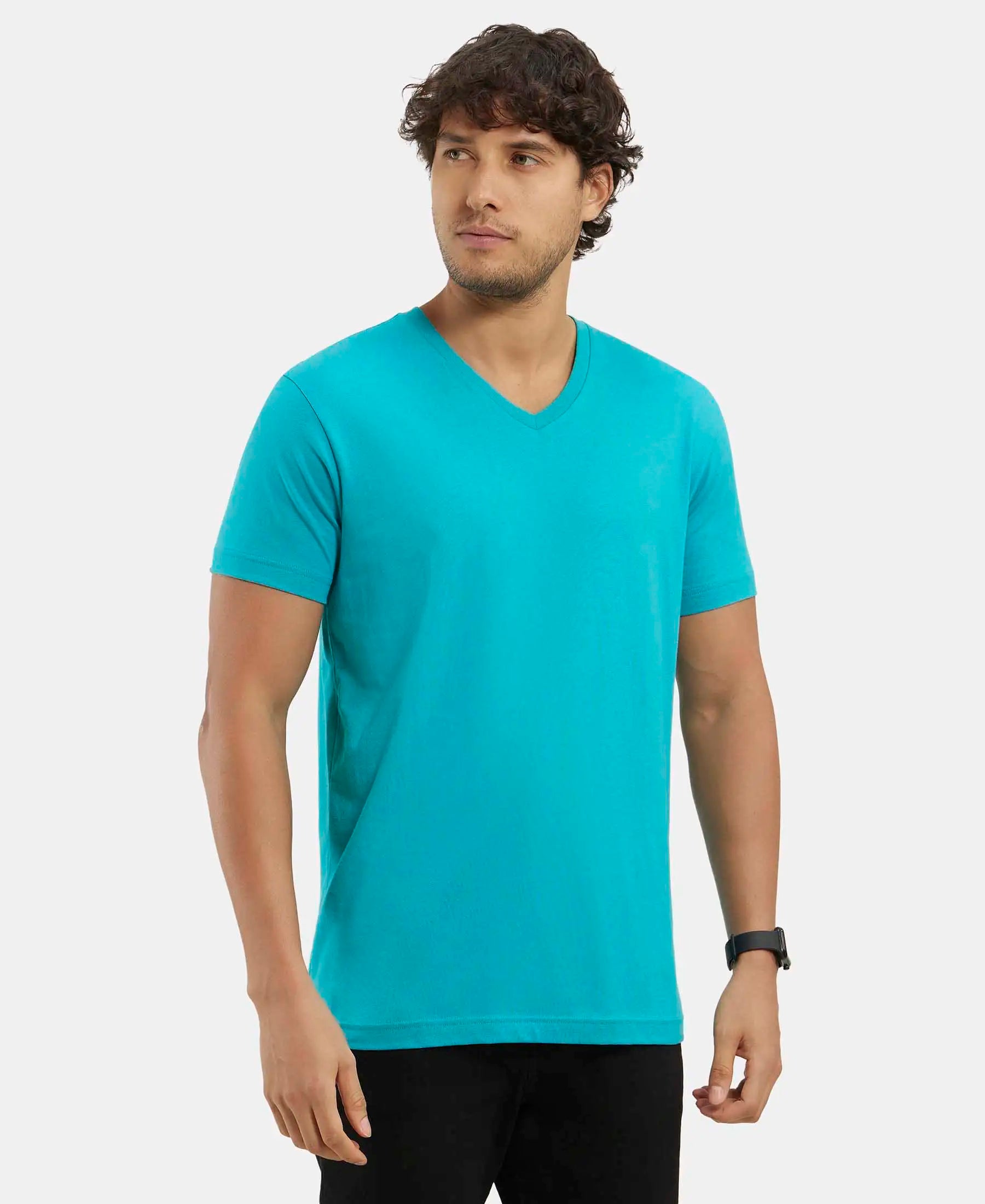 Super Combed Cotton Rich Solid V Neck Half Sleeve T-Shirt  - Deep Atlantis