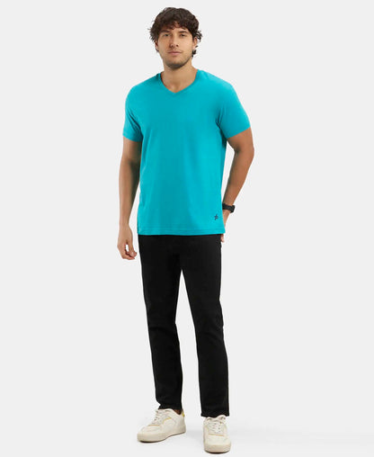 Super Combed Cotton Rich Solid V Neck Half Sleeve T-Shirt  - Deep Atlantis