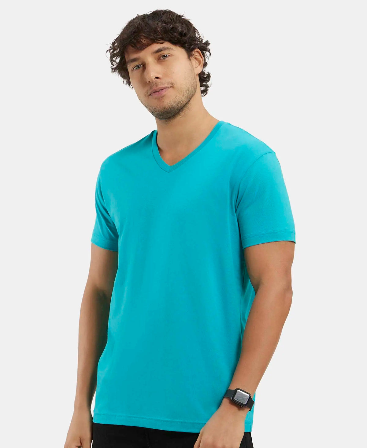 Super Combed Cotton Rich Solid V Neck Half Sleeve T-Shirt  - Deep Atlantis