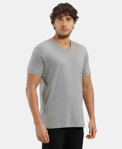 Super Combed Cotton Rich Solid V Neck Half Sleeve T-Shirt  - Grey Melange