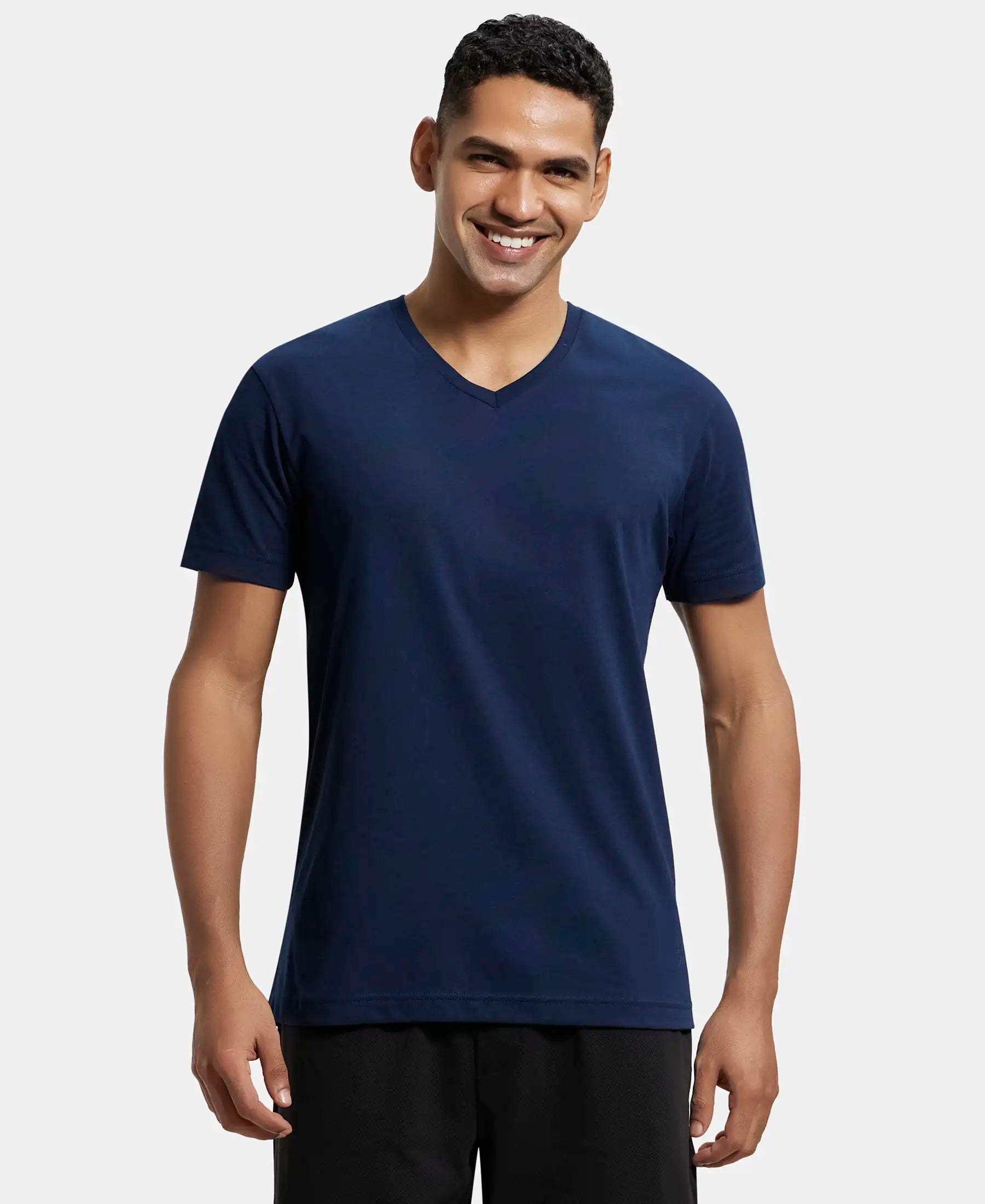 Super Combed Cotton Rich Solid V Neck Half Sleeve T-Shirt  - Navy