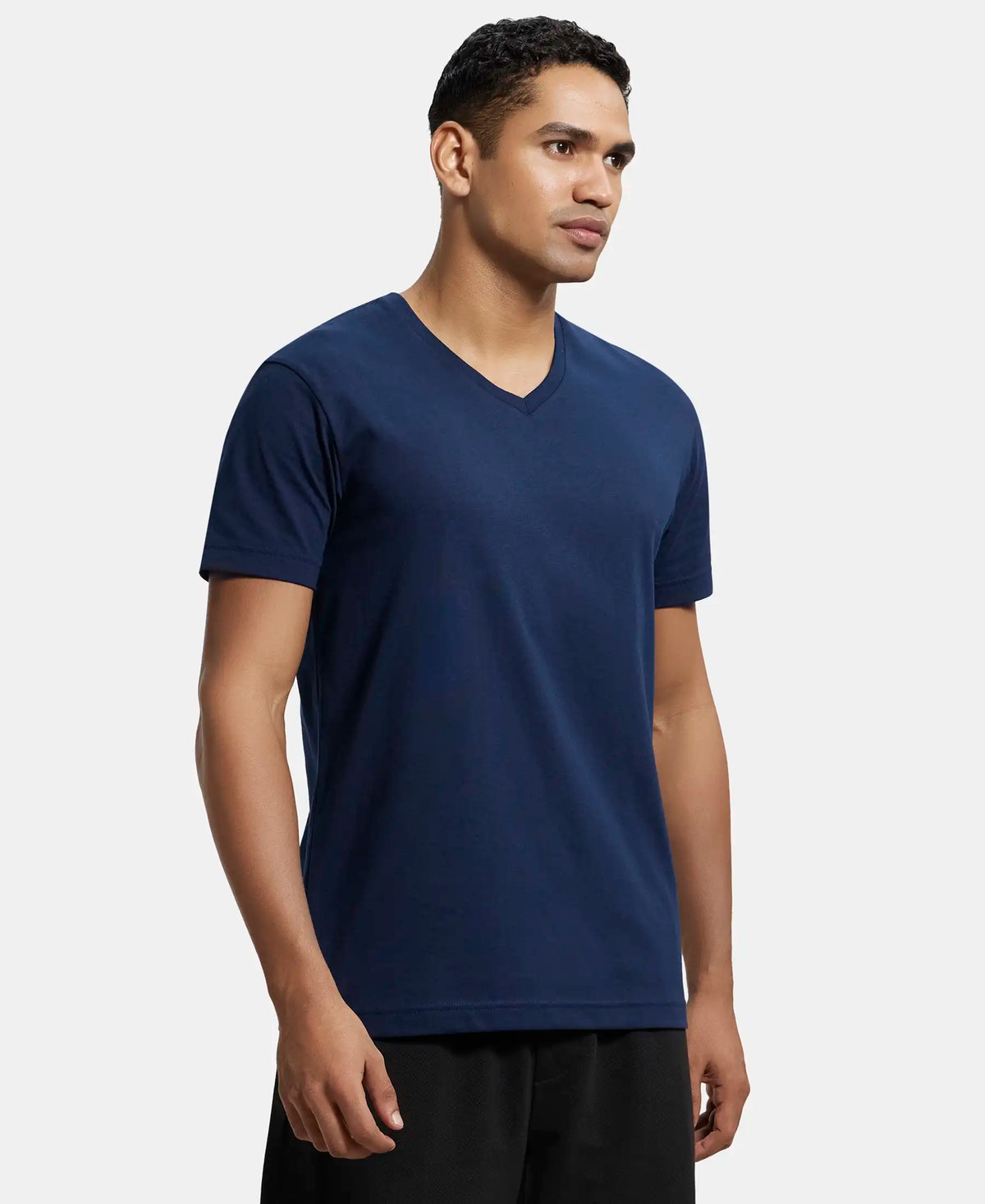 Super Combed Cotton Rich Solid V Neck Half Sleeve T-Shirt  - Navy