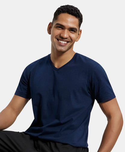 Super Combed Cotton Rich Solid V Neck Half Sleeve T-Shirt  - Navy