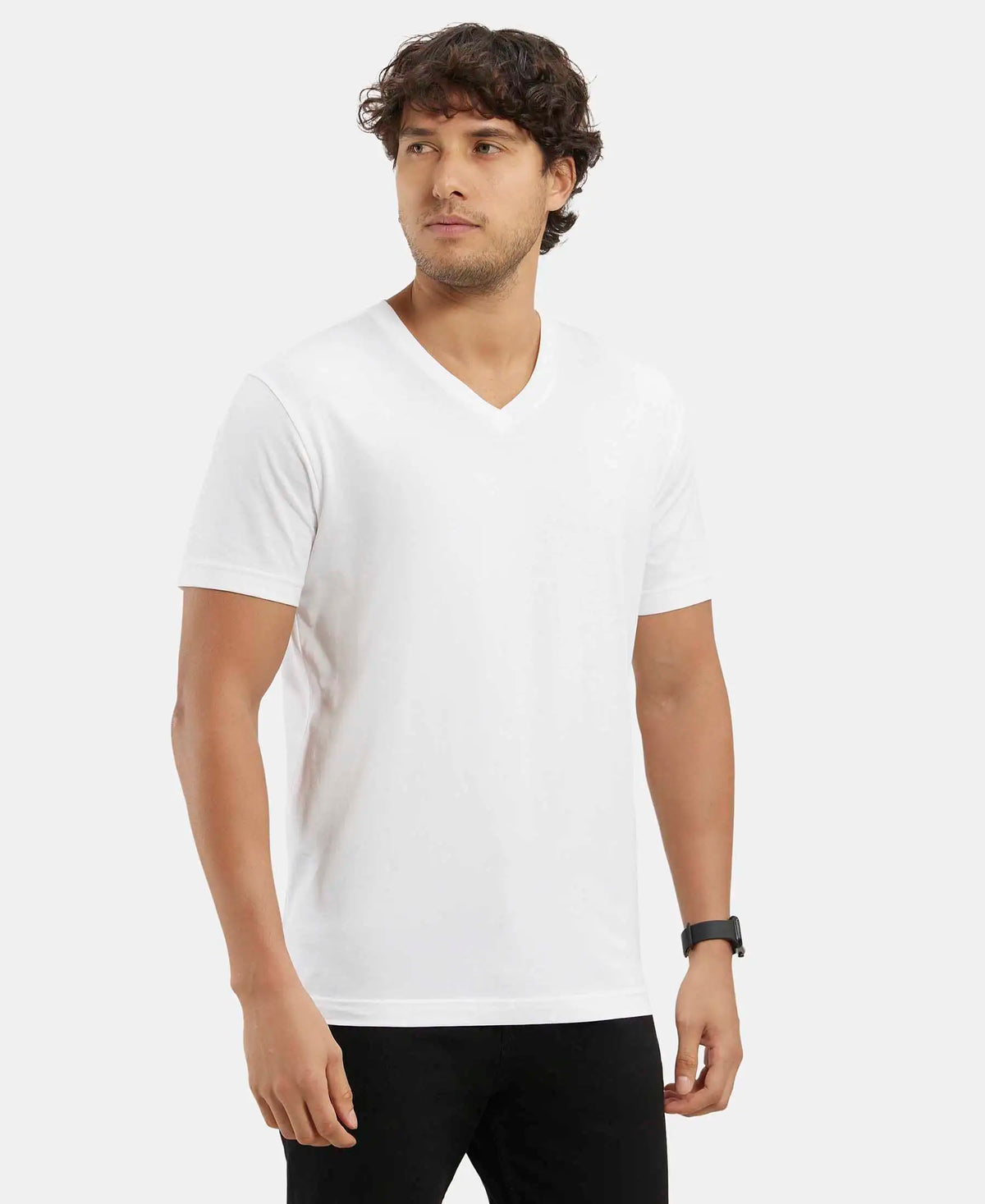 Super Combed Cotton Rich Solid V Neck Half Sleeve T-Shirt  - White