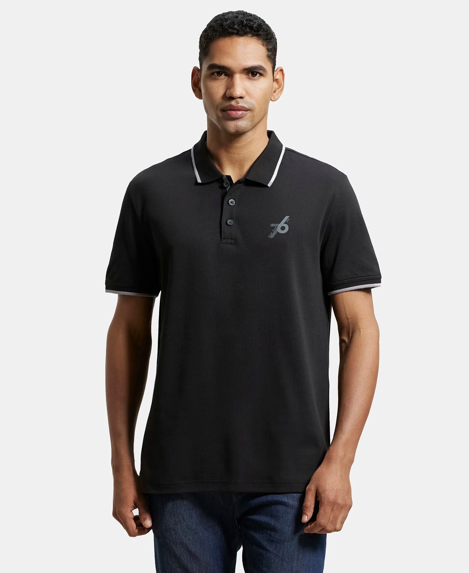 Super Combed Cotton Rich Solid Half Sleeve Polo T-Shirt - Black