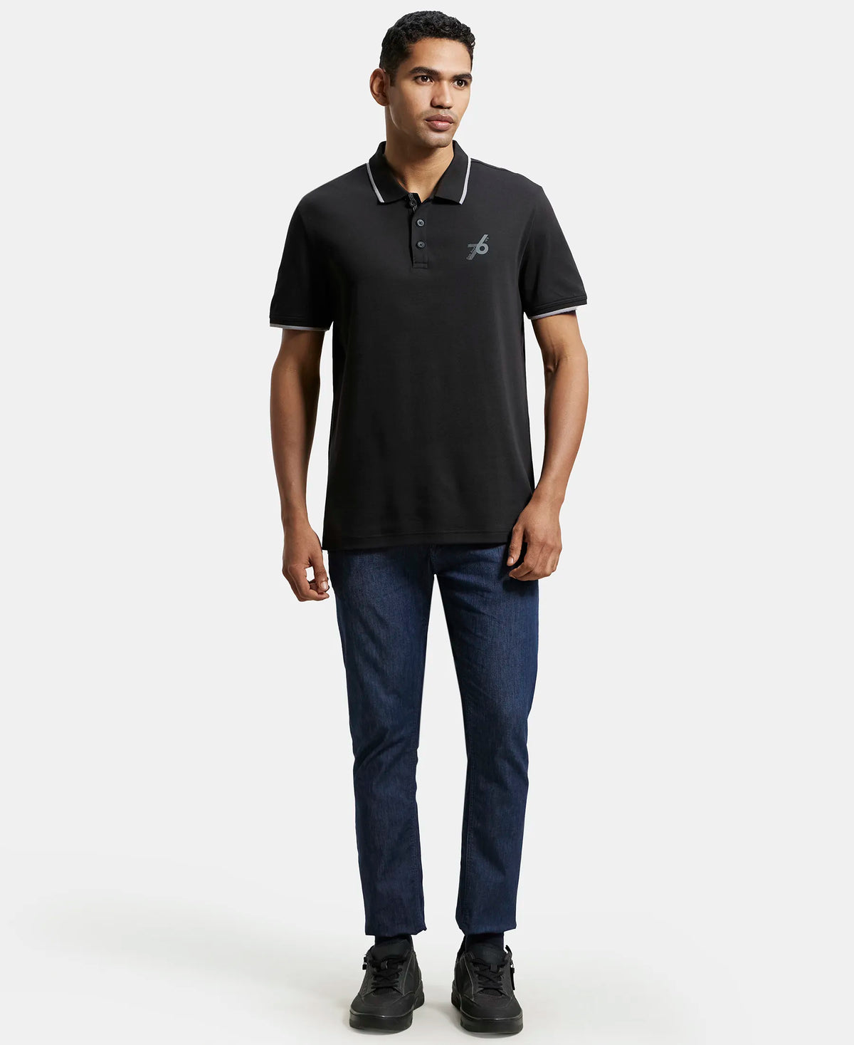 Super Combed Cotton Rich Solid Half Sleeve Polo T-Shirt - Black