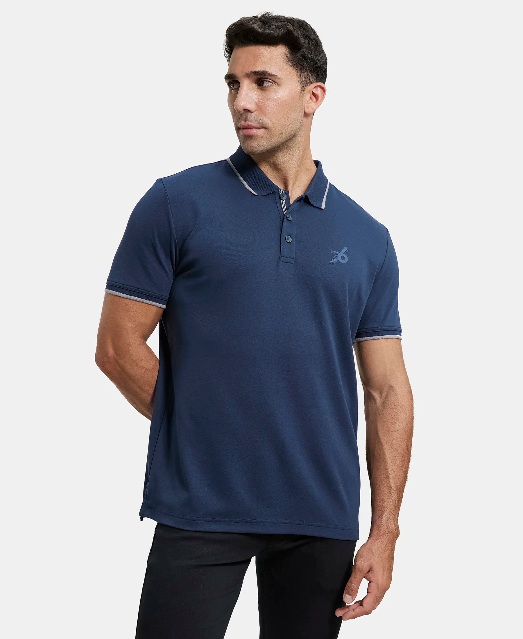 Super Combed Cotton Rich Solid Half Sleeve Polo T-Shirt - Navy