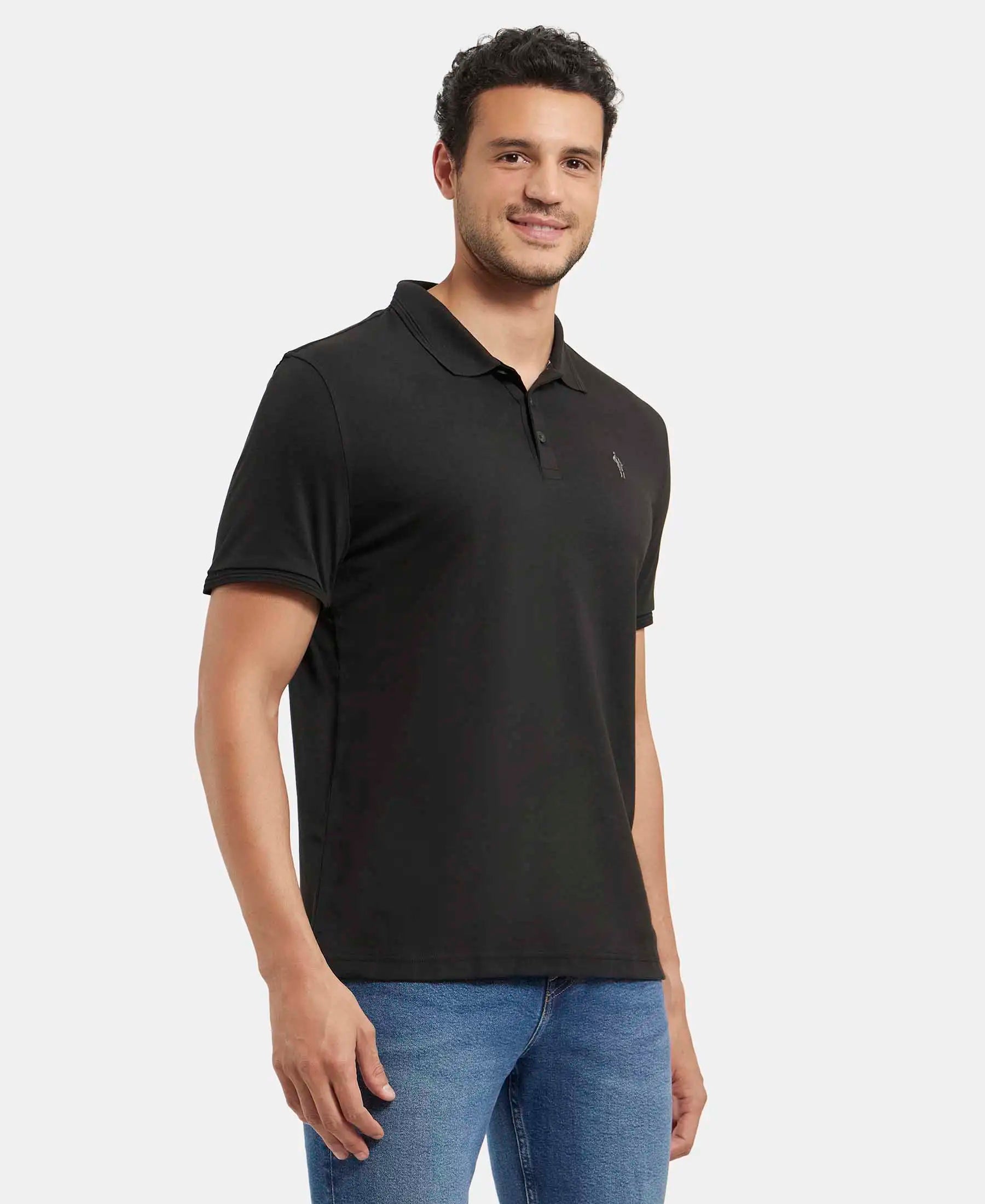 Super Combed Cotton Rich Solid Half Sleeve Polo T-Shirt - Black