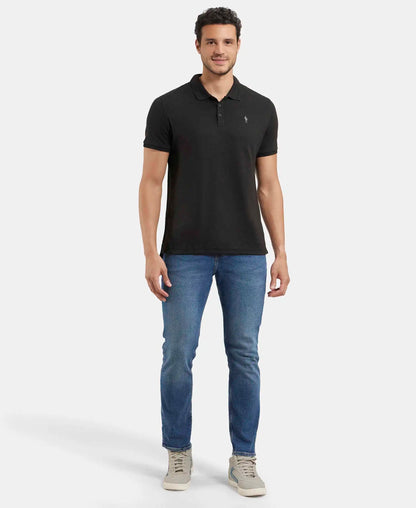 Super Combed Cotton Rich Solid Half Sleeve Polo T-Shirt - Black