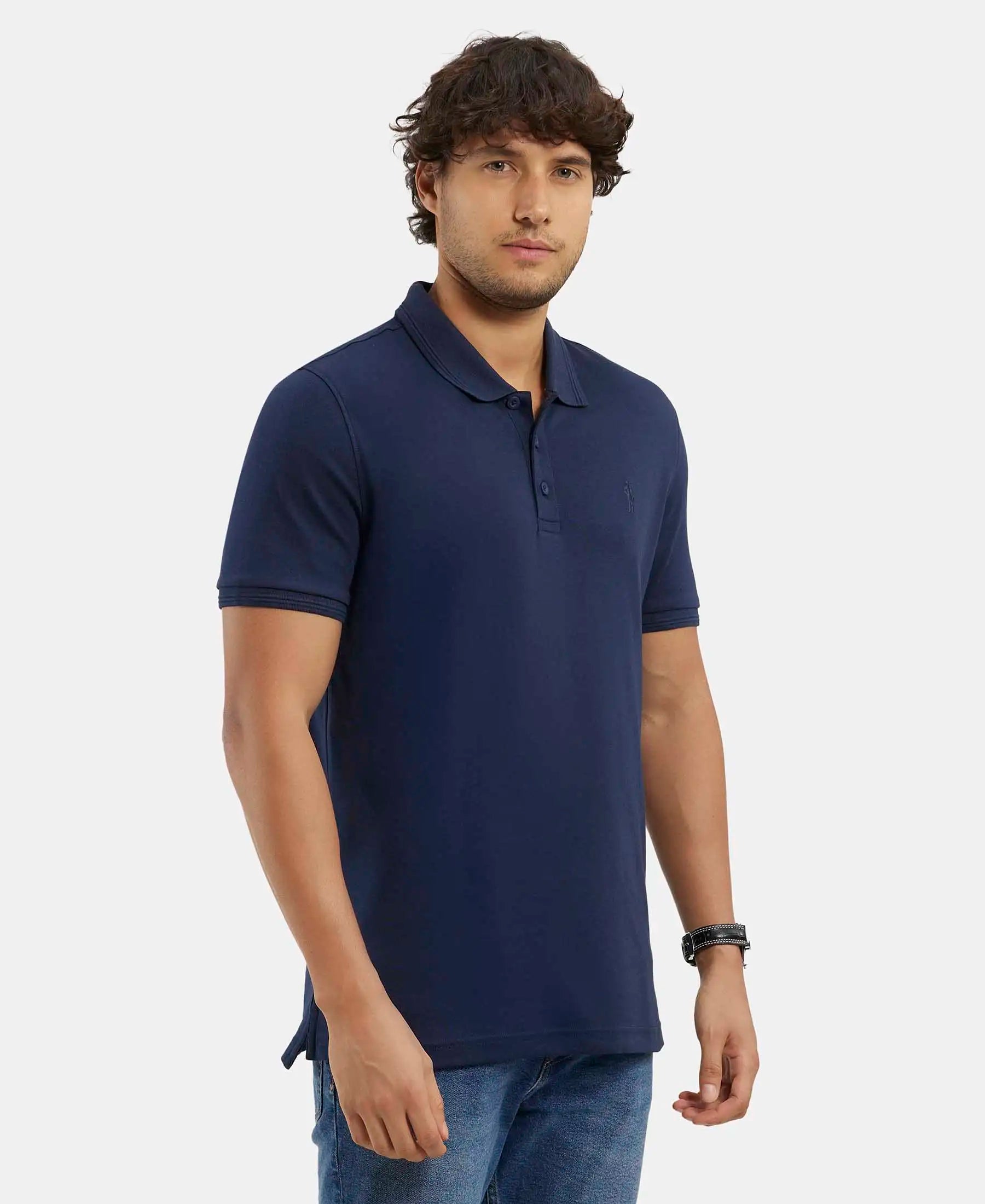 Super Combed Cotton Rich Solid Half Sleeve Polo T-Shirt - Navy