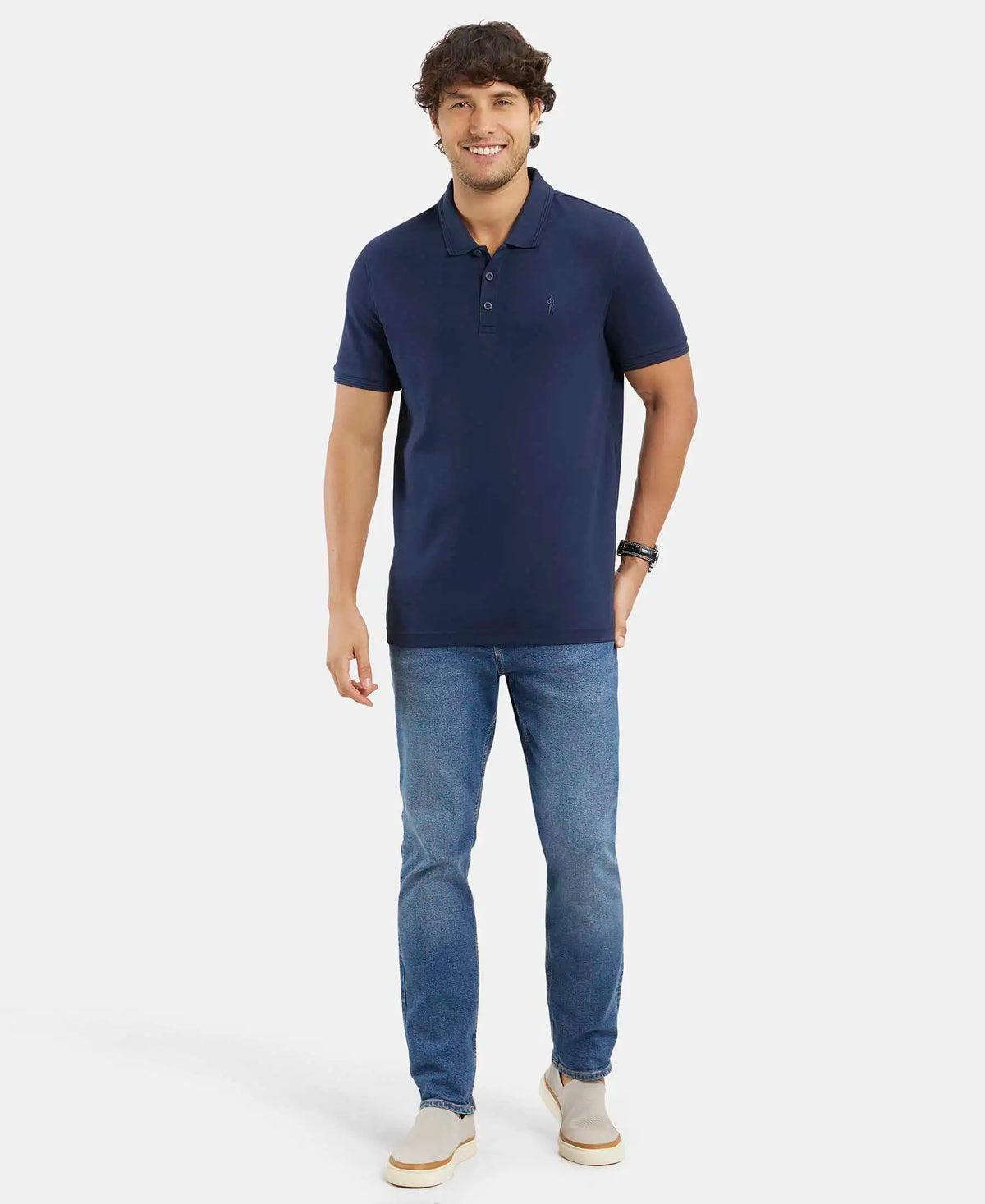 Super Combed Cotton Rich Solid Half Sleeve Polo T-Shirt - Navy