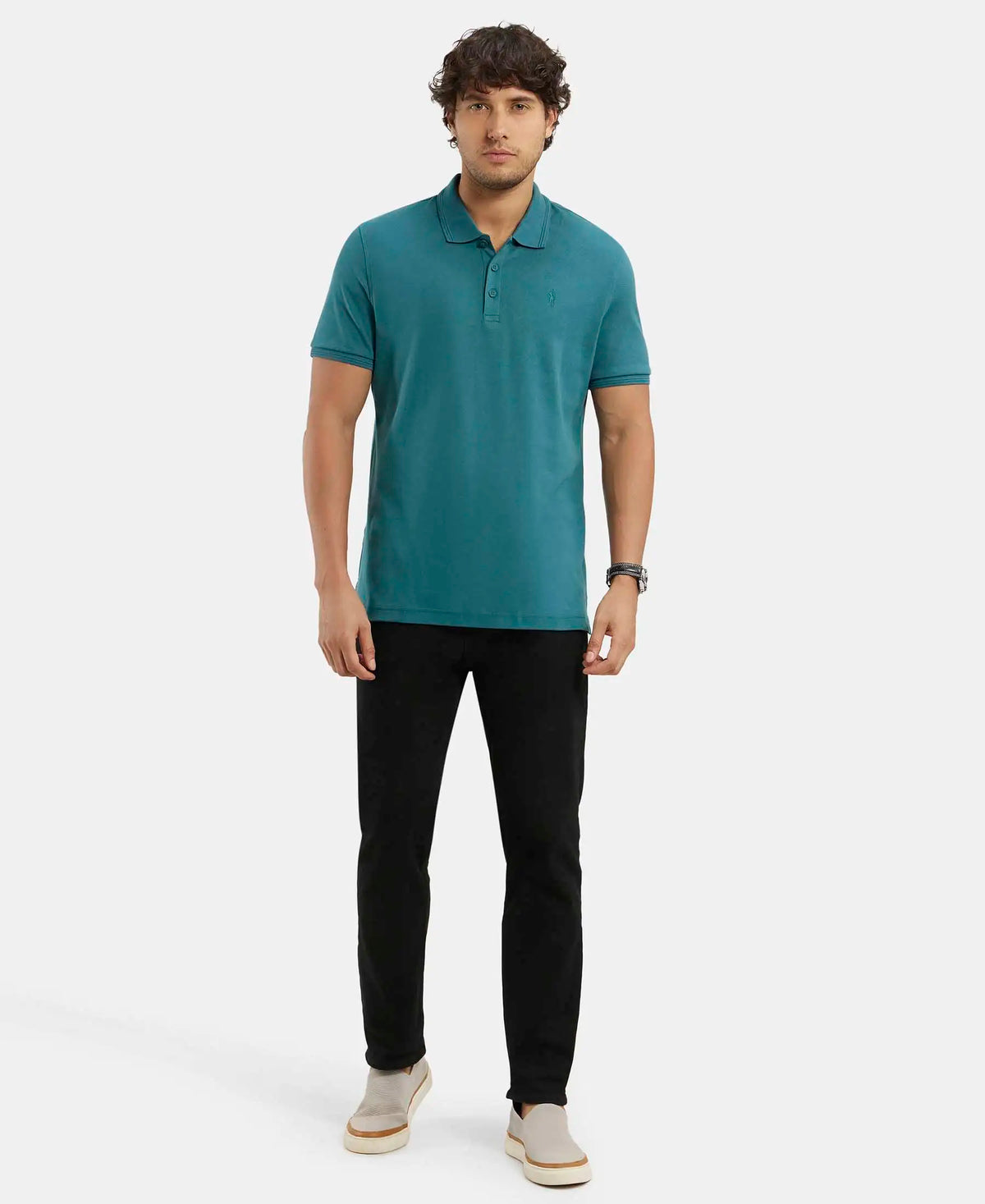 Super Combed Cotton Rich Solid Half Sleeve Polo T-Shirt - Pacific Green