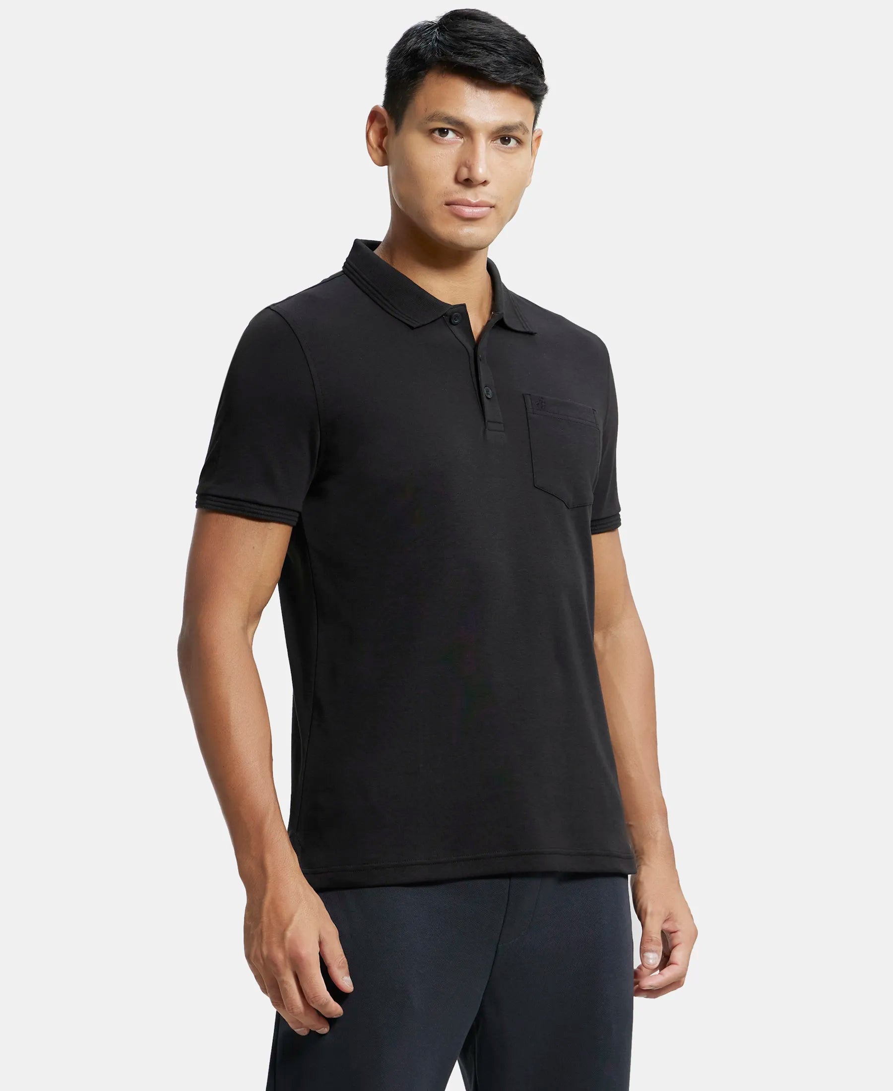 Super Combed Cotton Rich Solid Half Sleeve Polo T-Shirt with Chest Pocket - Black