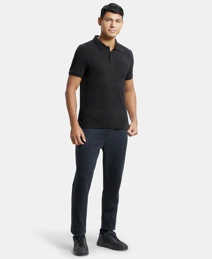 Super Combed Cotton Rich Solid Half Sleeve Polo T-Shirt with Chest Pocket - Black
