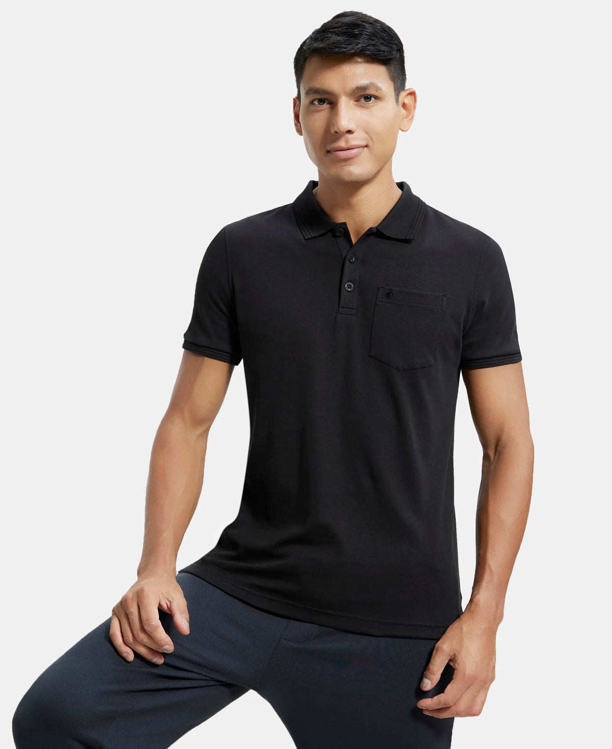 Super Combed Cotton Rich Solid Half Sleeve Polo T-Shirt with Chest Pocket - Black